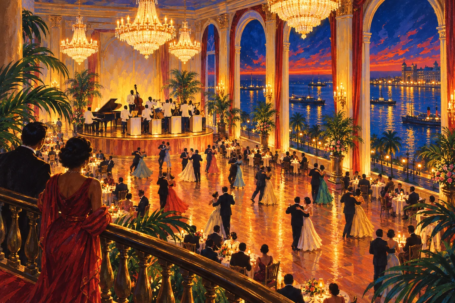 A poster-style painting of a ballroom seen from above, couples dancing before a band in white jackets, with the night sea beyond tall windows.