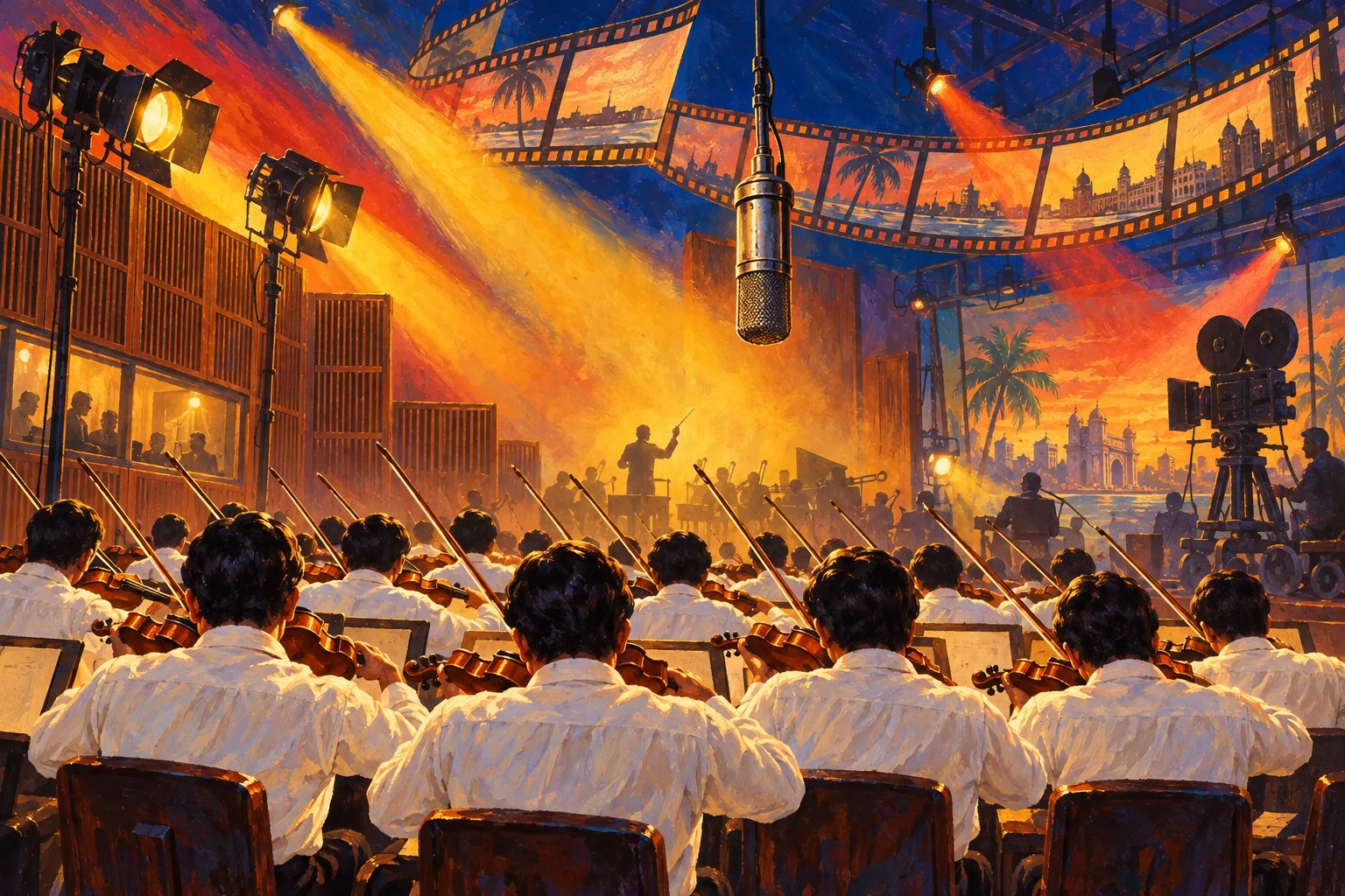 A poster-style painting of a violin section seen from behind, bows raised together, under coloured spotlight beams in a film studio.