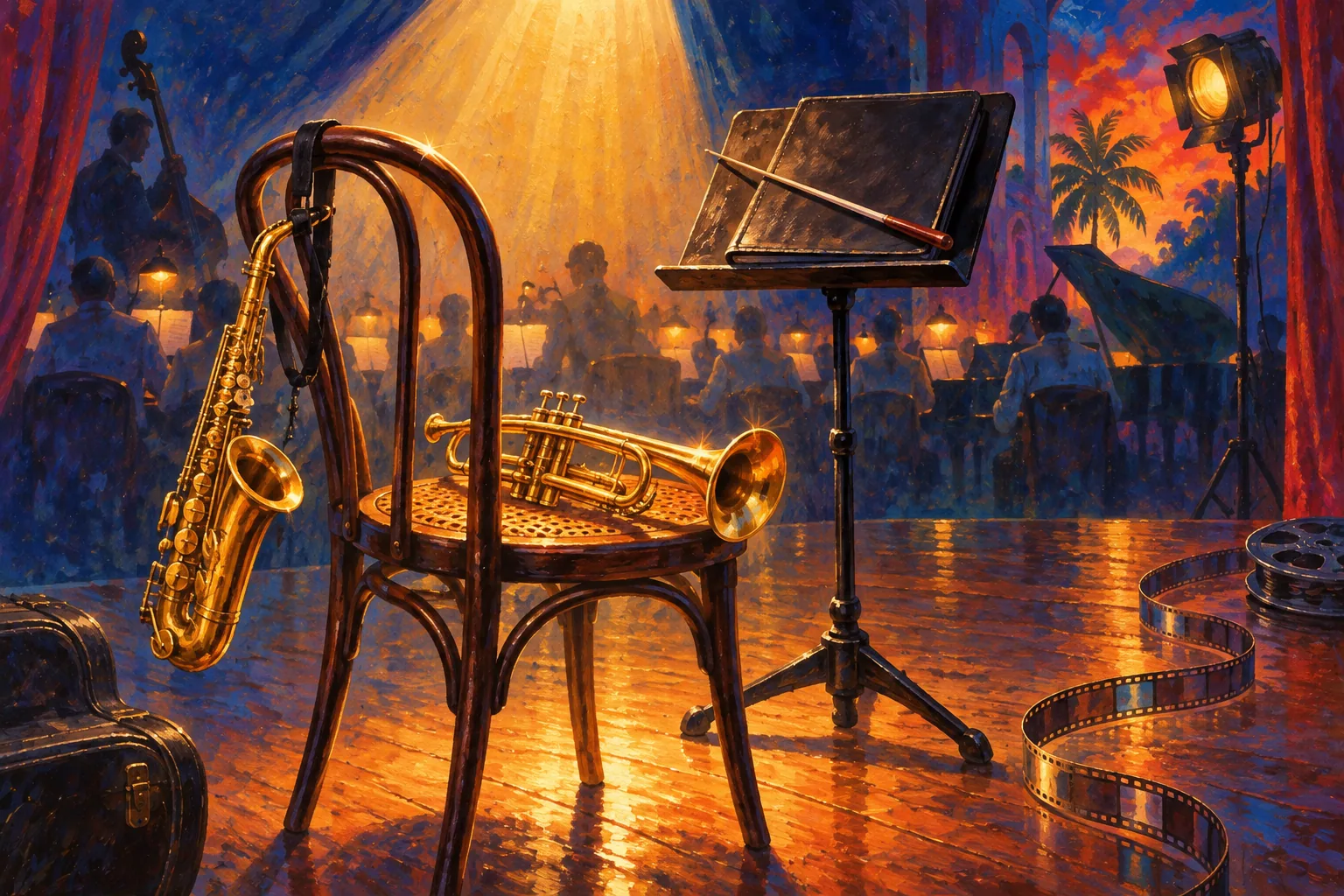 A poster-style painting of a trumpet lying on a chair with a saxophone hanging from its back, under a warm spotlight.