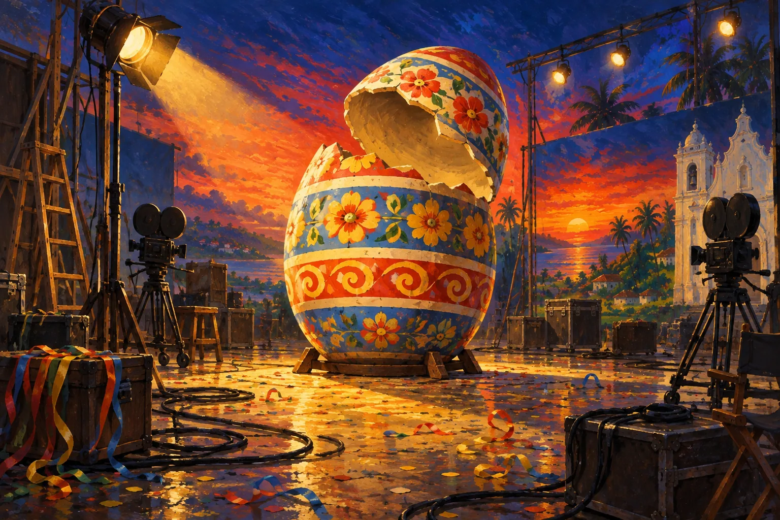 A poster-style painting of a giant painted Easter egg standing open and empty under a spotlight on a deserted film set.