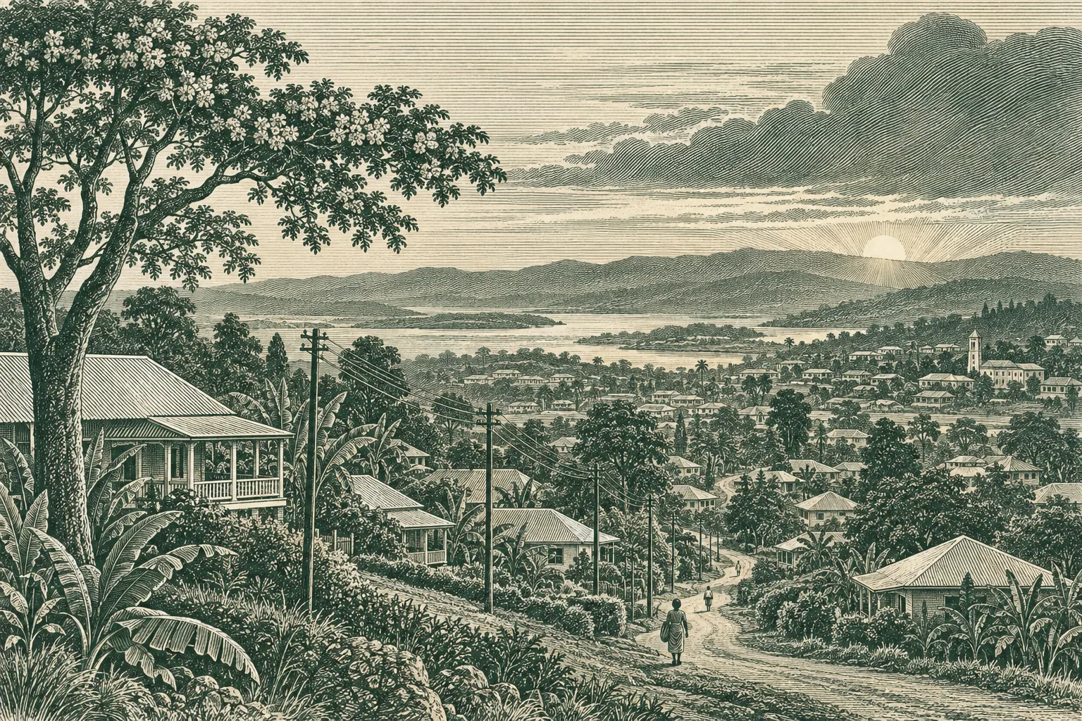 A line engraving of green hills, bungalows and telegraph poles under lifting rain clouds, with a flowering flame tree in the foreground.