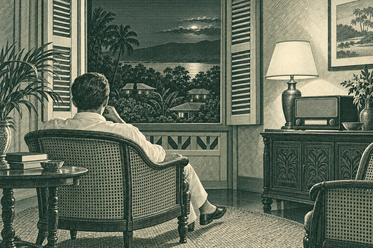 A line engraving of a man seen from behind in a cane armchair beside a shortwave radio on a sideboard, in lamplight.