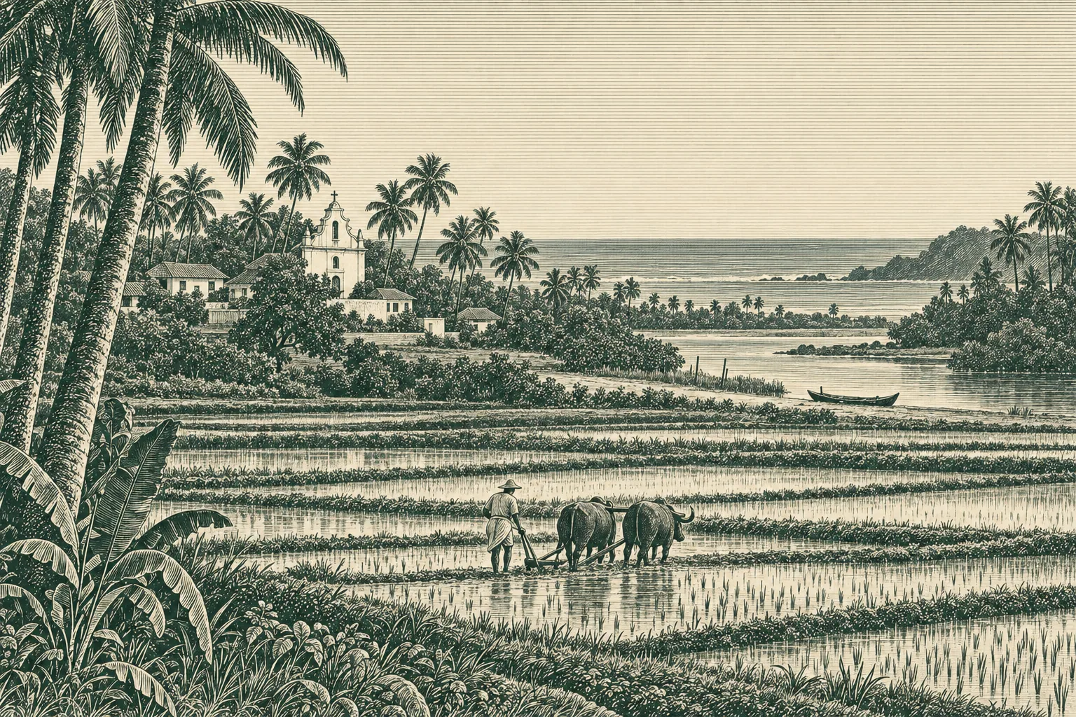 A line engraving of a farmer ploughing paddy with buffalo, a white church and coconut palms behind, and the sea along the horizon.