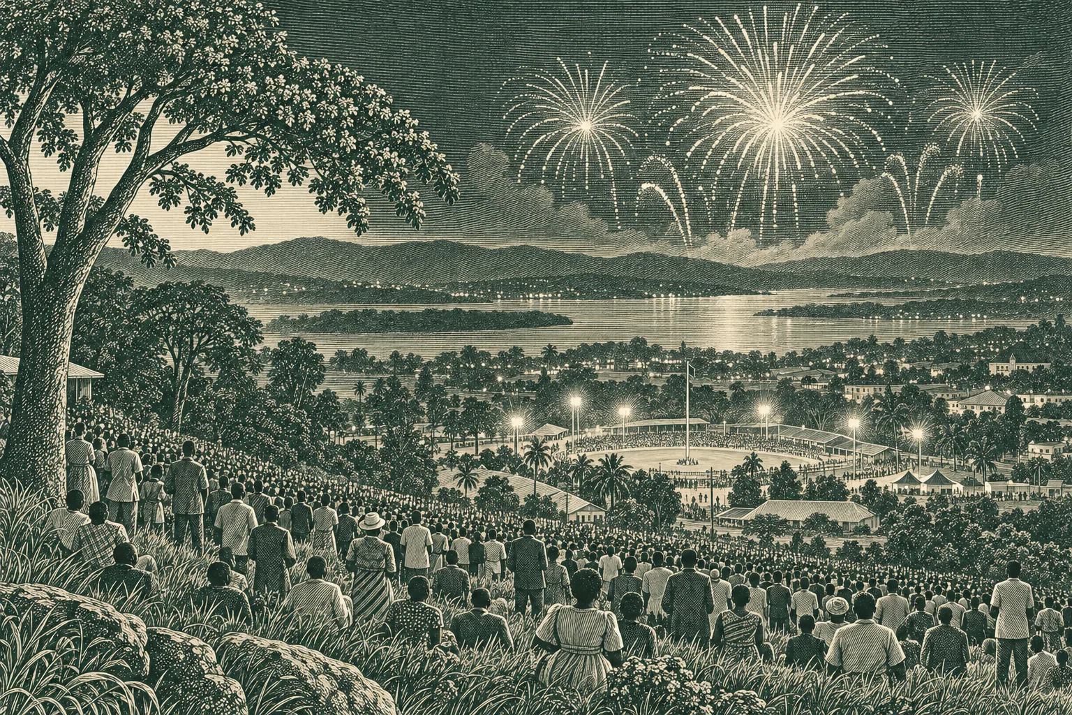 A line engraving of a crowd seen from behind on a hillside at night, watching fireworks over a distant flagpole.