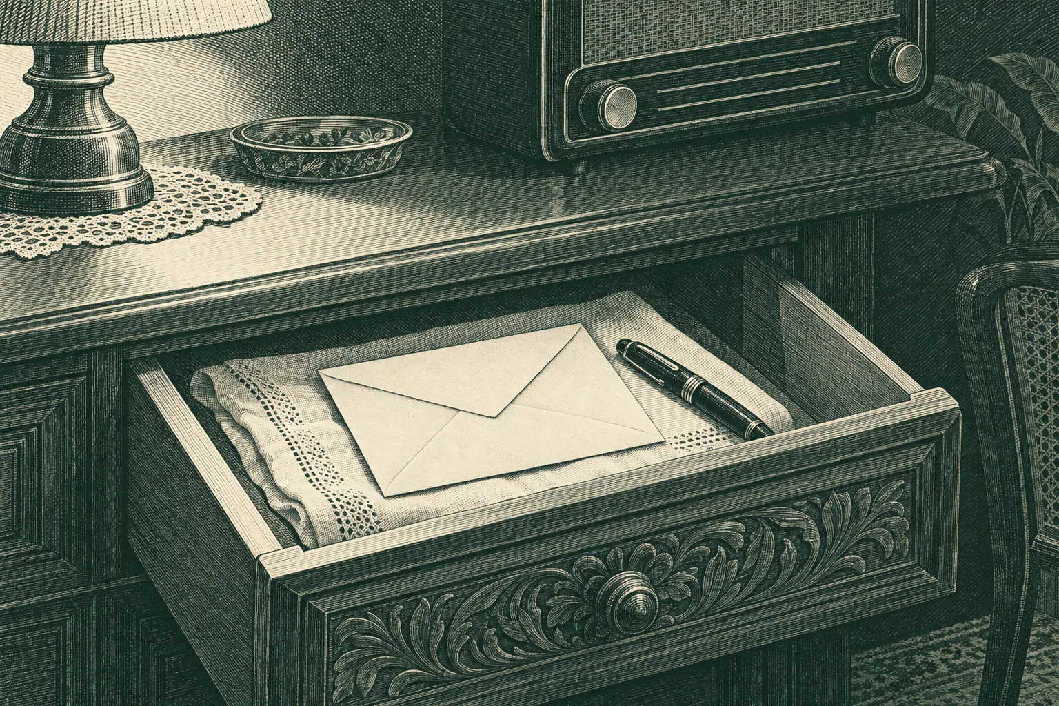 A line engraving of a half-open drawer holding a blank sealed envelope and a fountain pen, beneath the edge of a radio.