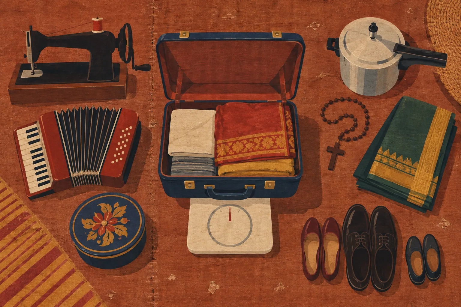A flat poster-style image seen from above of a sewing machine, accordion, pressure cooker and folded sari around a suitcase on a bathroom scale.