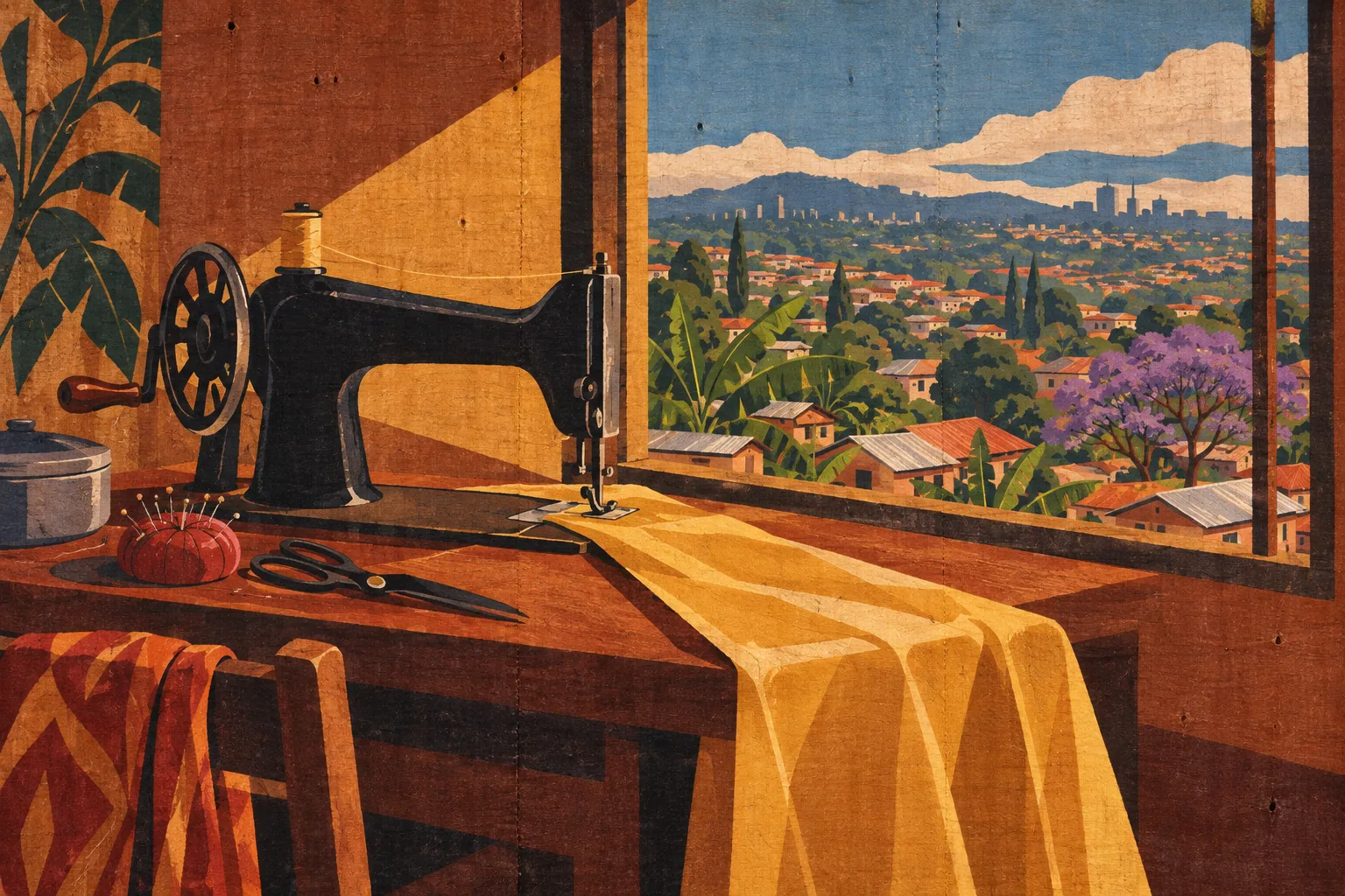 A flat poster-style image of a black hand-crank sewing machine stitching a length of yellow satin beside a sunlit window.