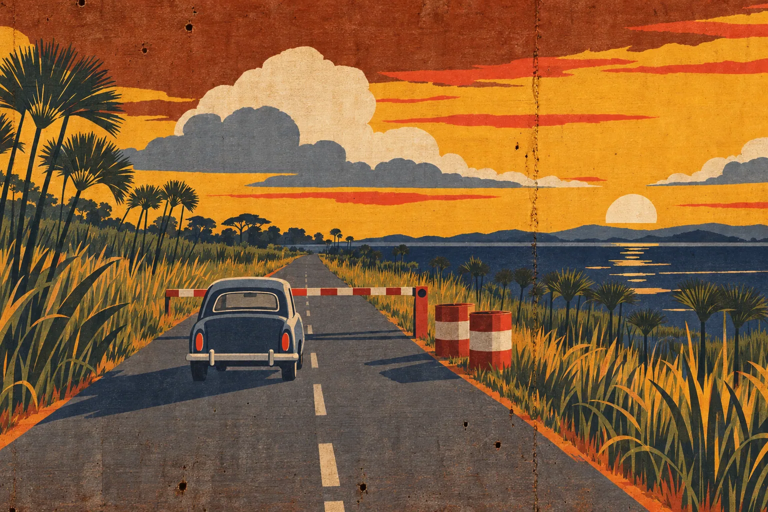 A flat poster-style image of a small car approaching a striped barrier pole on a straight road beside a lake under a golden sky.