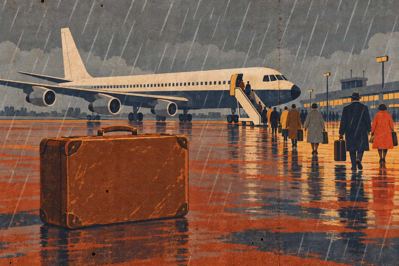 A flat poster-style image of a single suitcase on a wet runway, an unmarked airliner and a line of small figures walking away in grey rain.