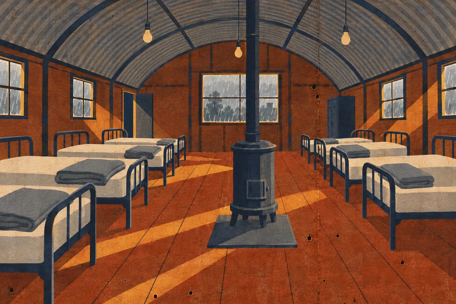 A flat poster-style image of an empty army hut with two rows of iron beds, each with one folded grey blanket, and rain on the window.