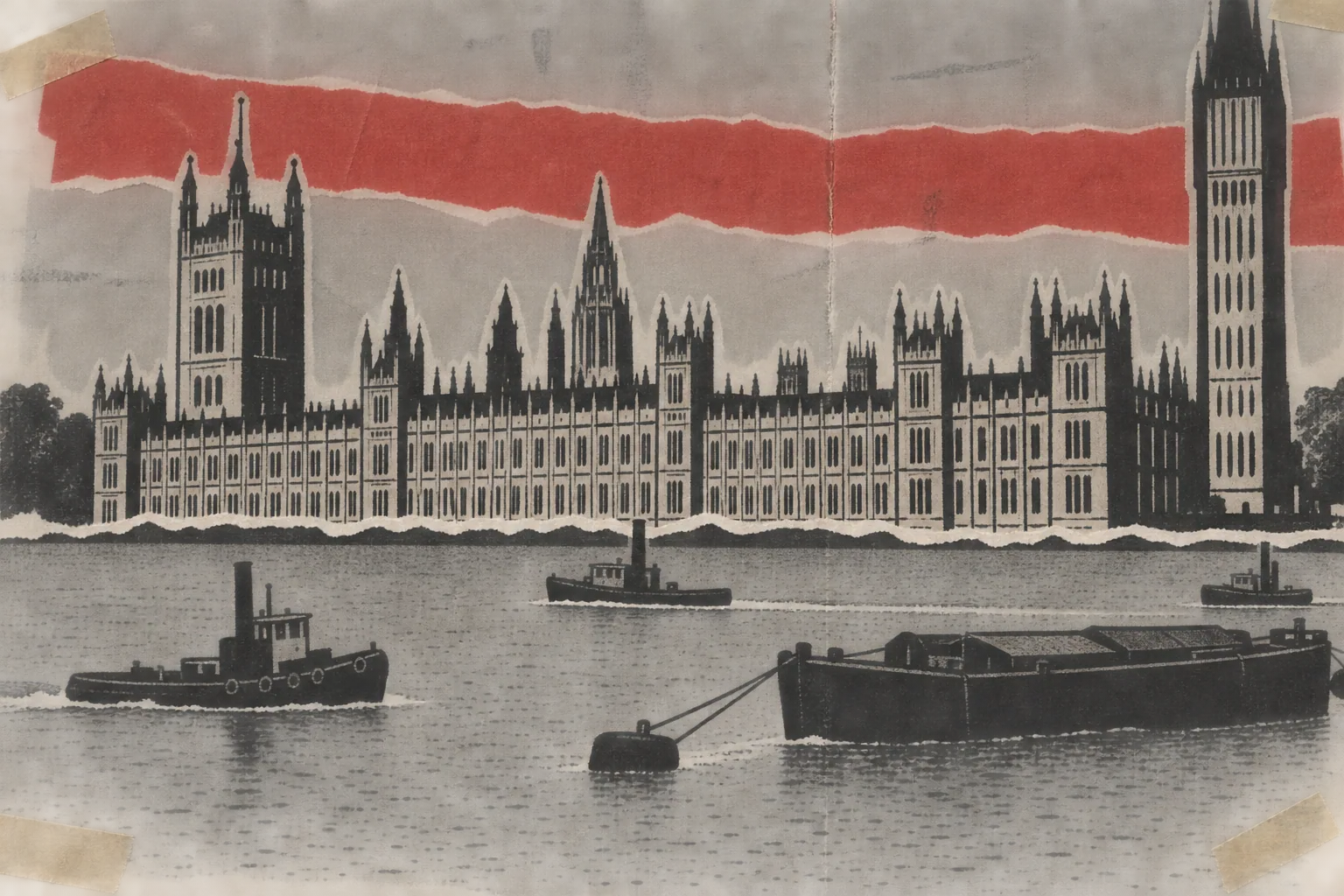 A hand-drawn ink collage of the Houses of Parliament seen across the Thames, torn along the waterline, with a red paper strip across the sky.