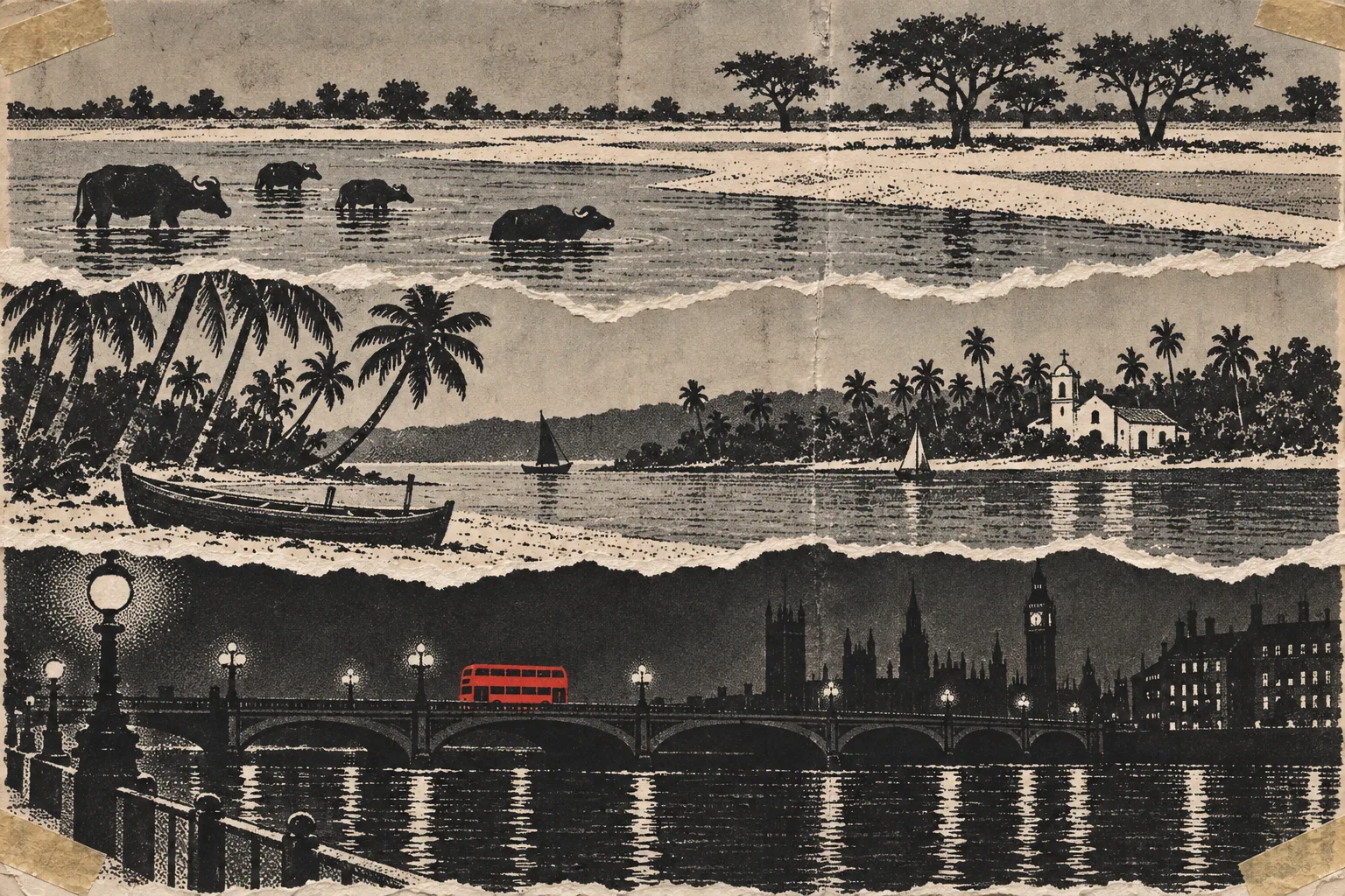 Three torn, hand-drawn strips of river stacked together: a Punjab river with buffalo, a Goan estuary with palms, and the Thames at night with a red bus.