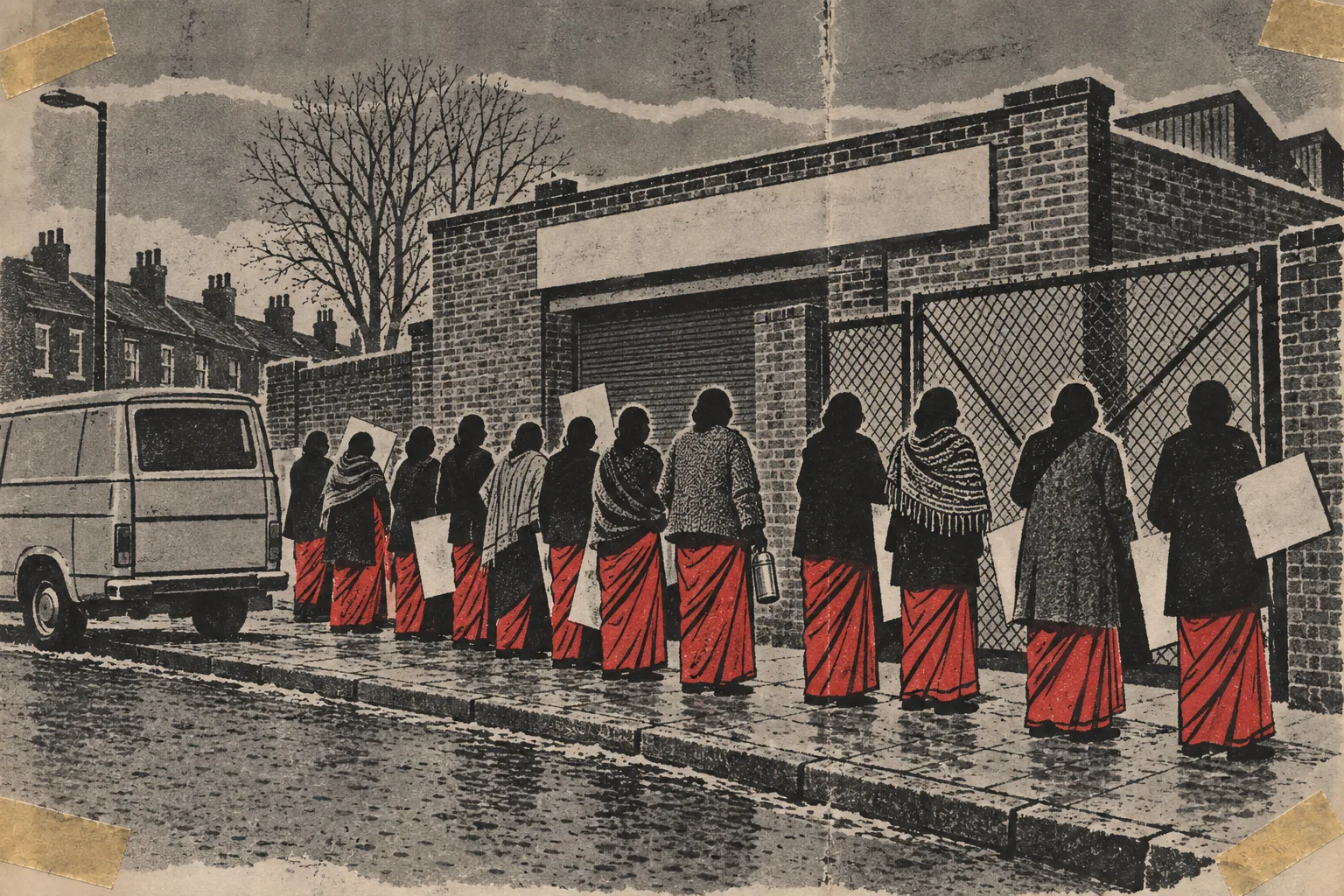 A hand-drawn fanzine collage of women in saris and winter coats, as flat ink silhouettes seen from behind, standing in a picket line outside a low brick factory.