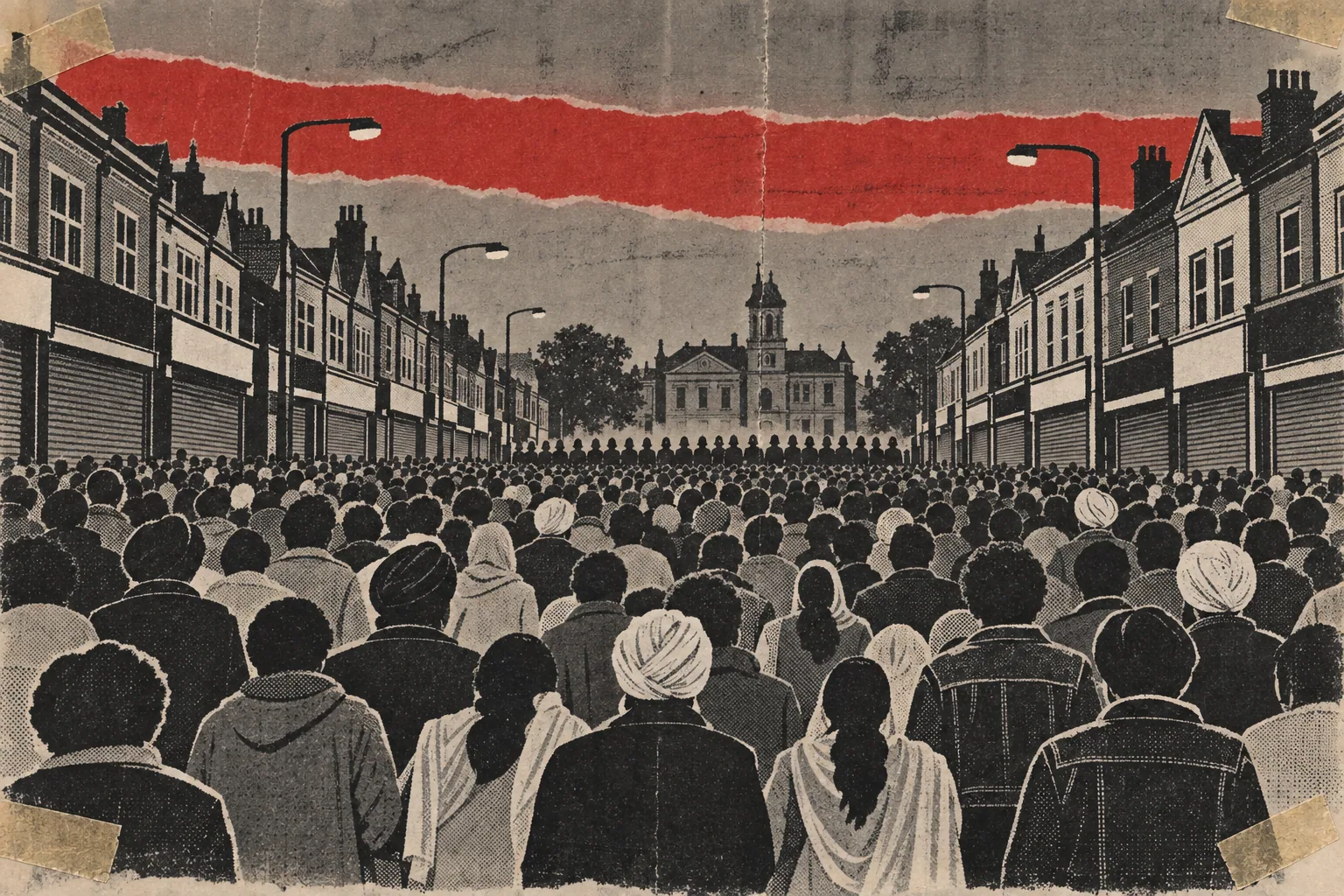 A hand-drawn ink collage of a huge crowd seen from behind filling a high street, facing a distant drawn line of police helmets in front of a town hall.
