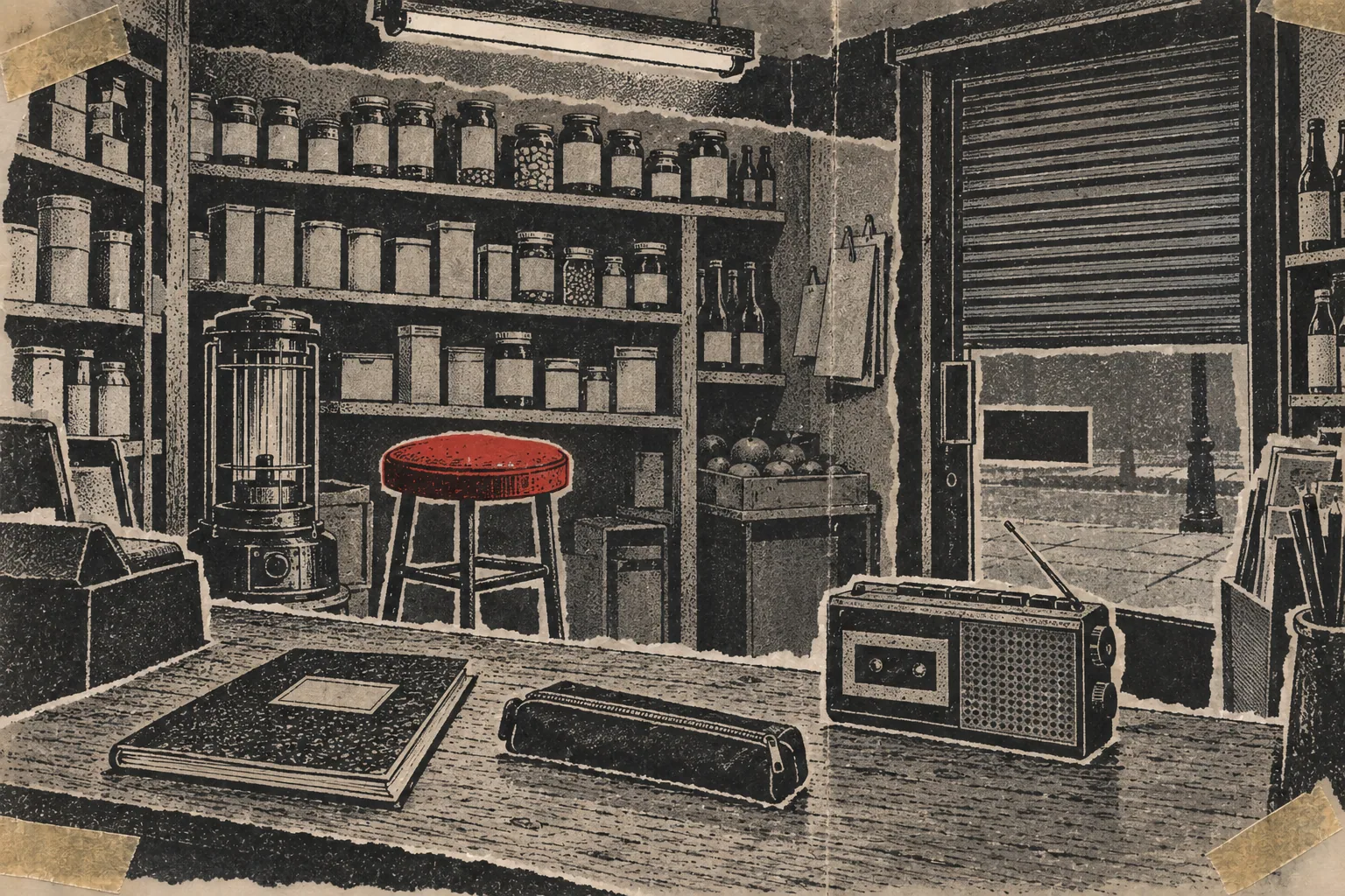 A hand-drawn ink collage of an empty corner-shop counter at night with a closed exercise book, shelves of tins and a half-lowered shutter.