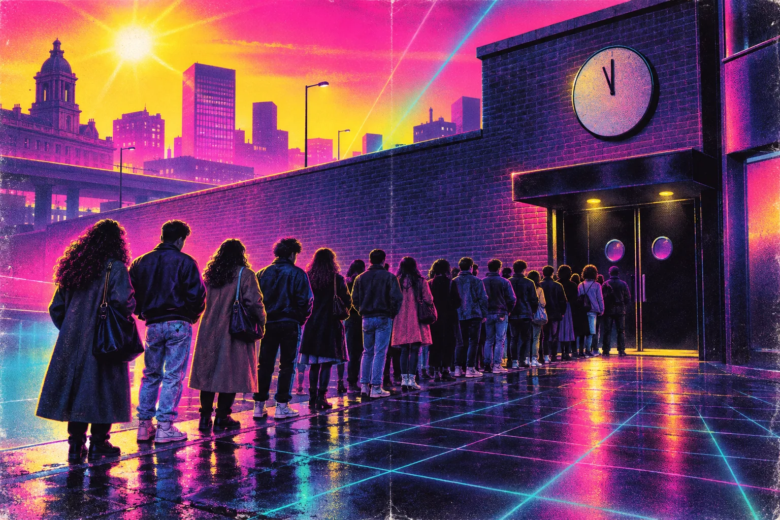 A neon airbrushed street scene of teenagers queueing along a brick wall to black club doors under a clock at eleven.