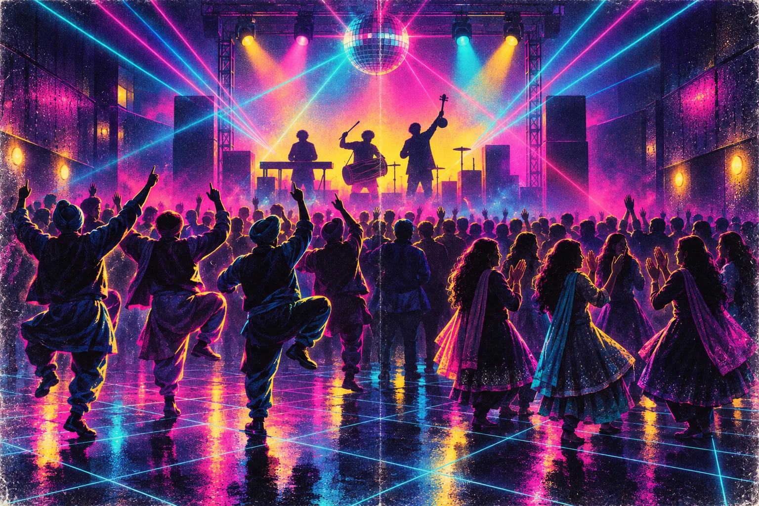 Neon silhouettes of a dhol player and a tumbi player on stage, with boys dancing and girls clapping in a circle under laser beams.