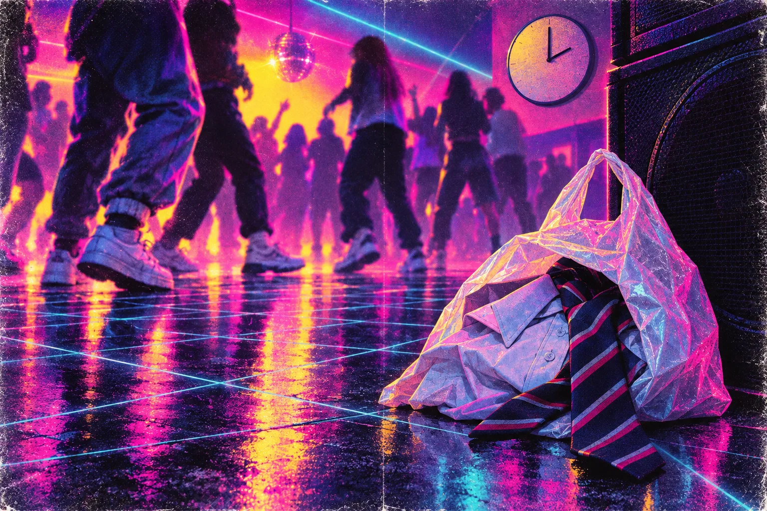 A carrier bag with a school shirt and tie spilling out, slumped against a speaker on a neon-lit dance floor, under a clock at two.