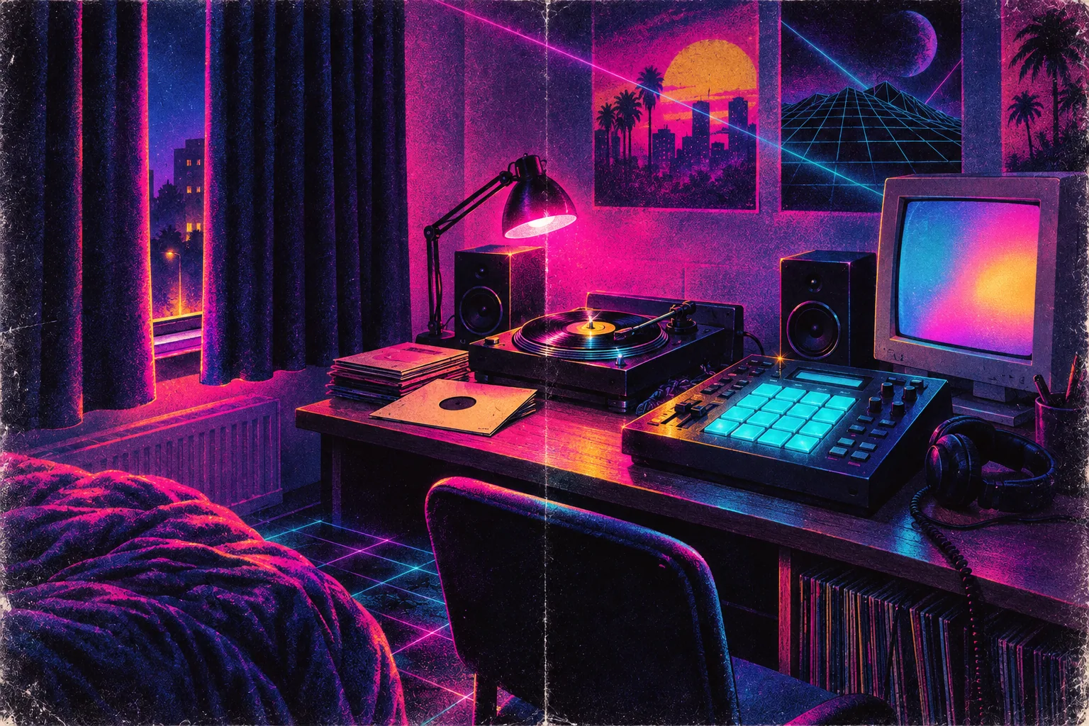 A neon-lit bedroom desk with a turntable playing an old record, its sleeve face down, beside a sampler with rubber pads.
