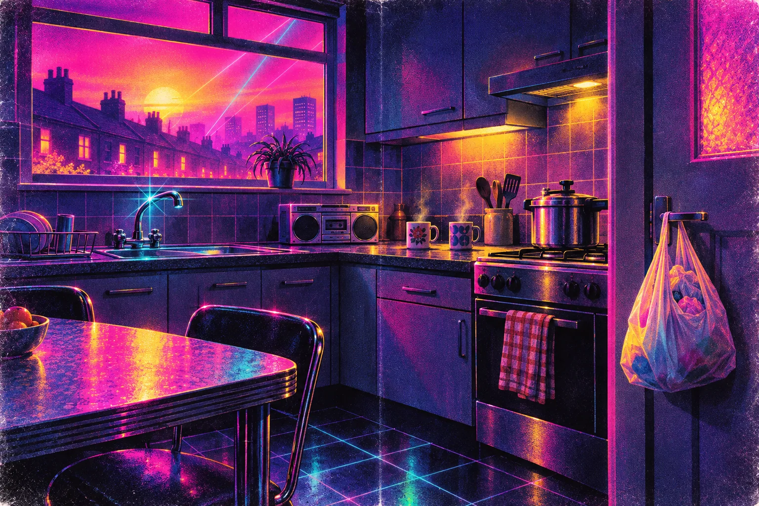 An empty kitchen at dusk in neon colours, with a portable stereo, two mugs of tea and a bag of carrier bags hanging on the door.