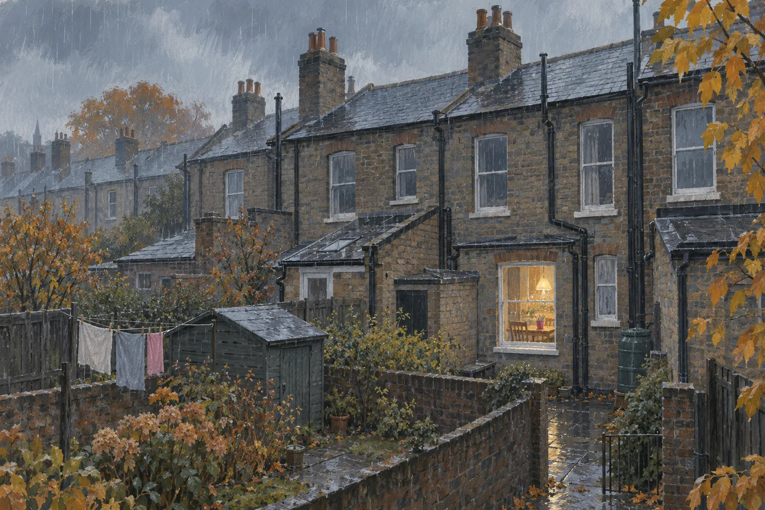 A gouache painting of rain over the backs of terraced houses, with one kitchen window lit warm and a table visible inside.