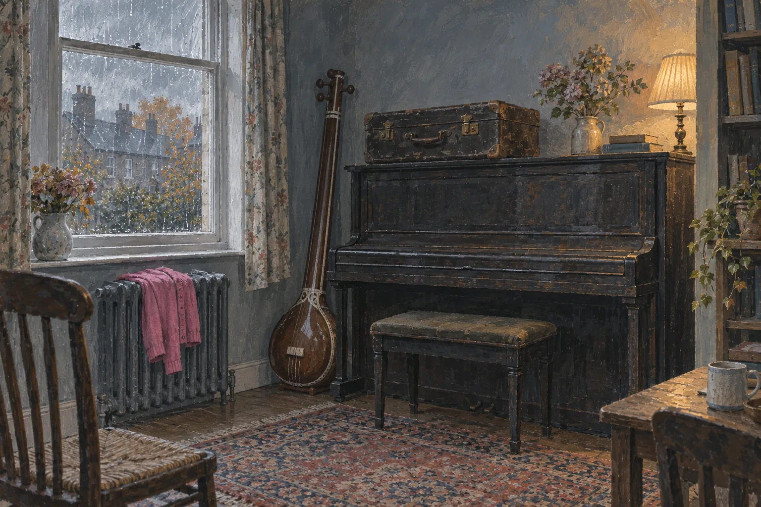 A gouache painting of a small room with an upright piano, a tanpura leaning in the corner and an old suitcase on top of the piano.