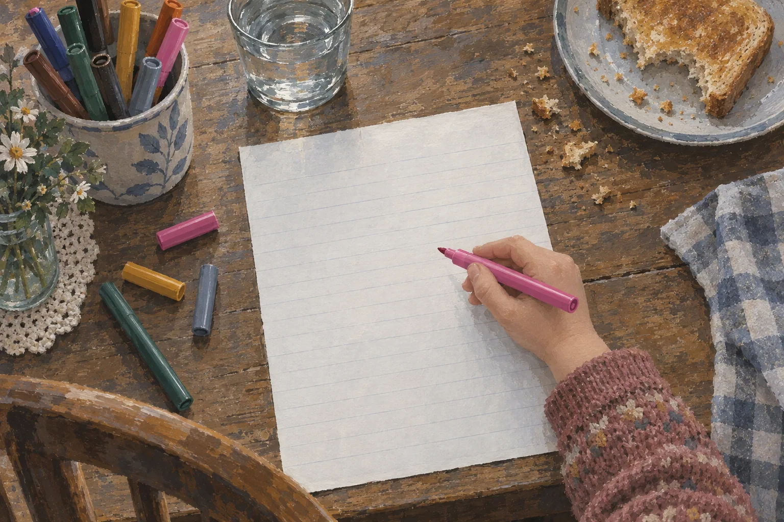 A gouache painting from above of a small child's hand holding a felt-tip over a blank ruled homework sheet, with a pot of pens nearby.