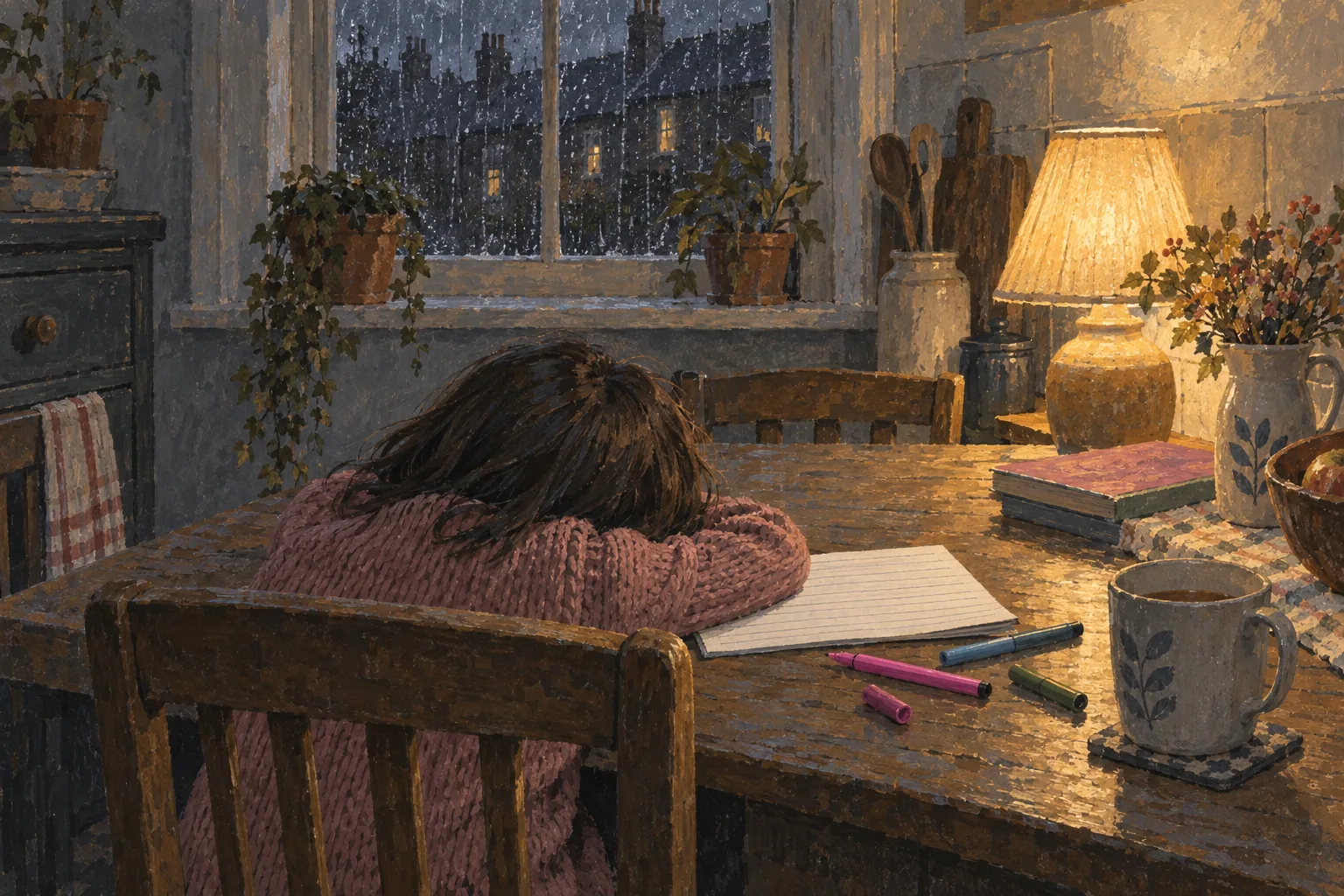 A gouache painting of a small child asleep with her head on her arms at a lamplit kitchen table, seen from behind, felt tips scattered.