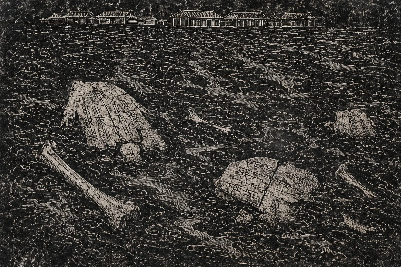 A flat ploughed field after rain, a low village roofline in the far distance, fragments of inscribed bone and turtle shell lying half-exposed in the wet earth.