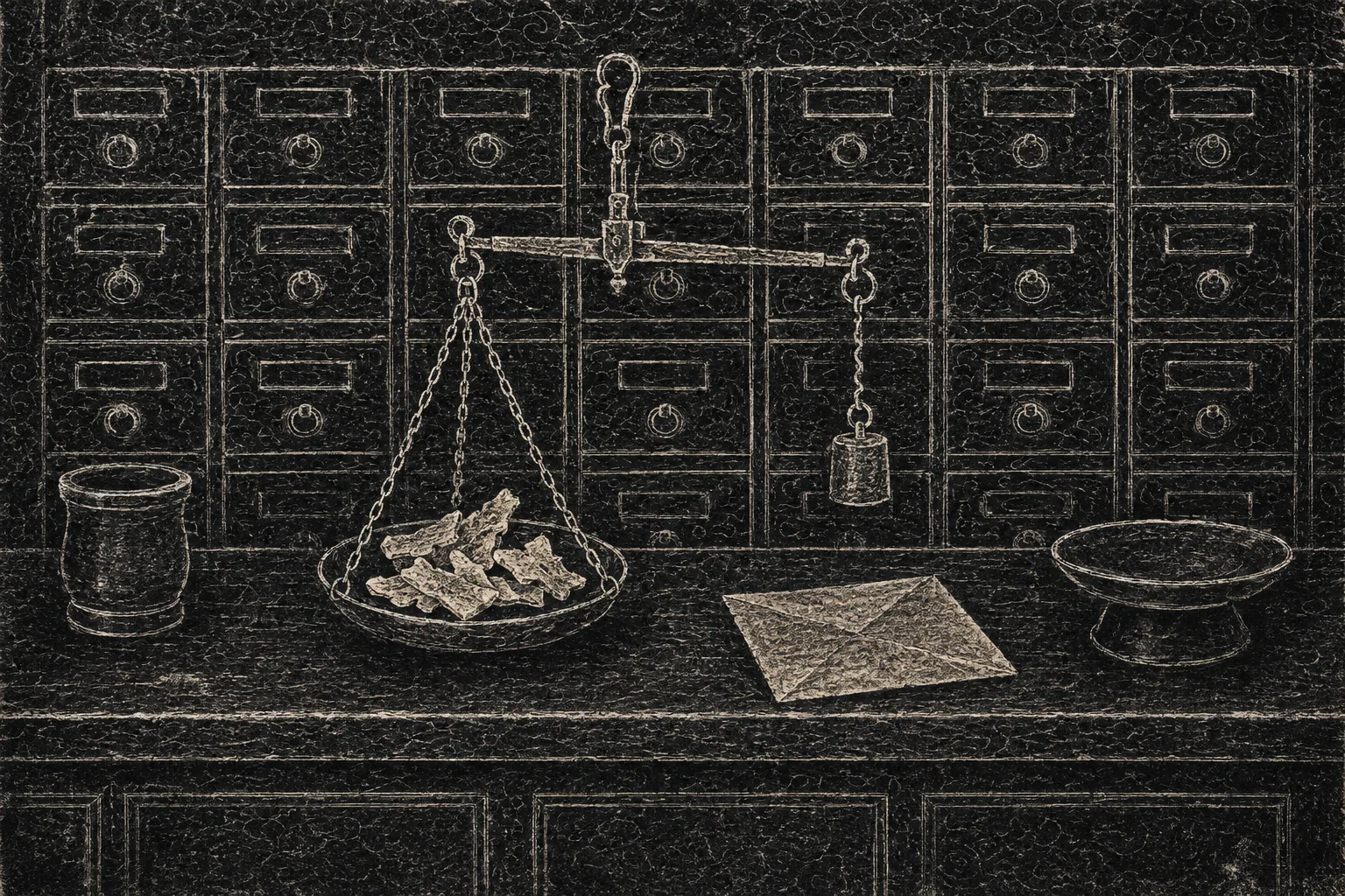 An apothecary counter. A hand-held balance scale holds pale bone fragments; behind it a wall of small drawers, and on the counter a square of paper folded ready to wrap a dose.