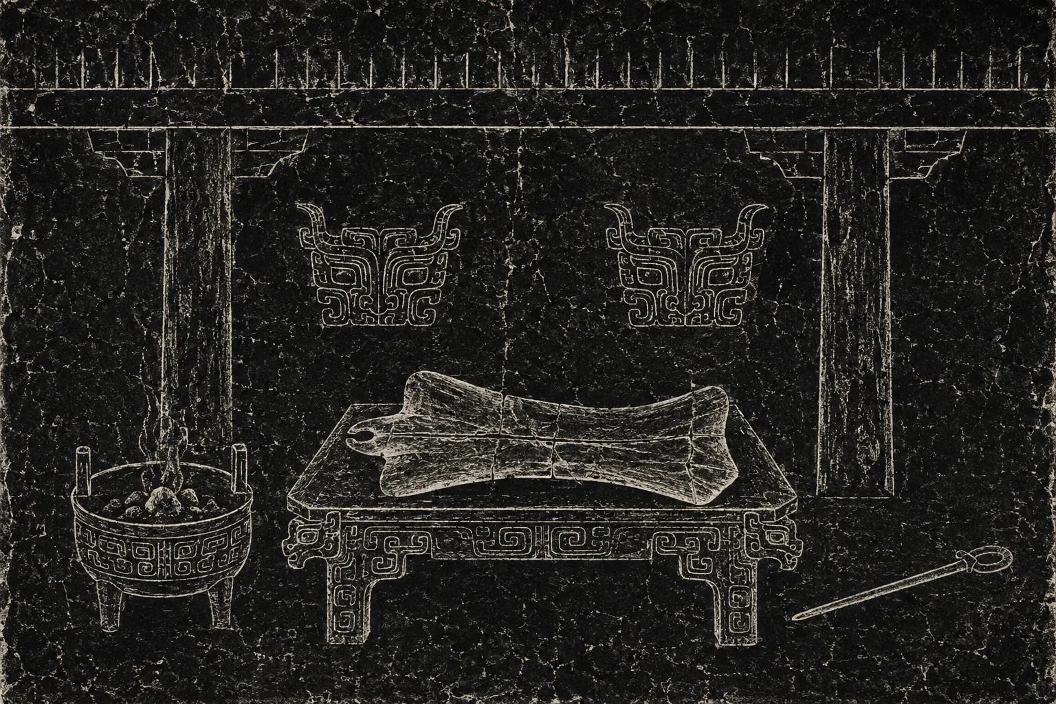 The interior of a low, dim hall of rammed earth and heavy timber. A single ox scapula lies on a low bronze-footed stand, with a charcoal brazier and a long bronze poker beside it.