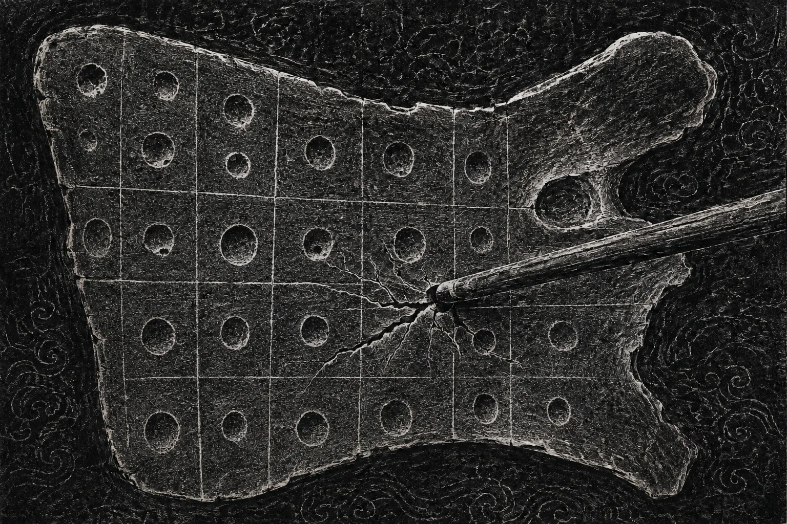 The reverse of a prepared ox scapula, cut with a grid of shallow hollows. A heated rod is pressed into one hollow and a branching fissure travels out from the point of contact.