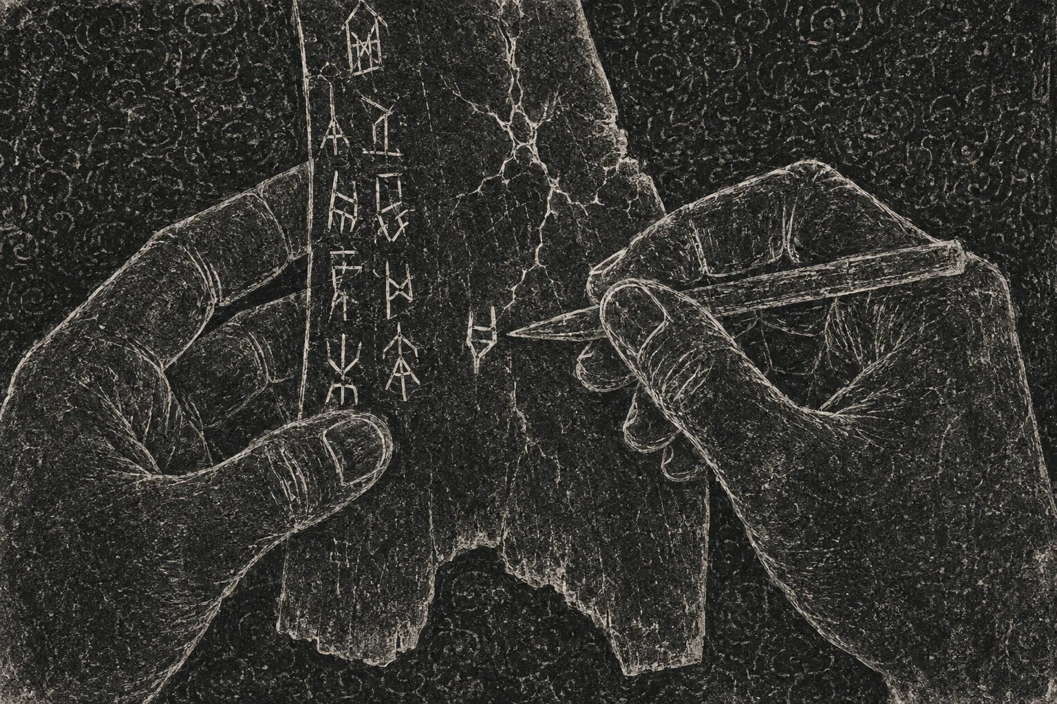 Hands holding a small bronze graver, cutting characters into a bone surface beside an existing column of inscription and a fresh branching fissure.