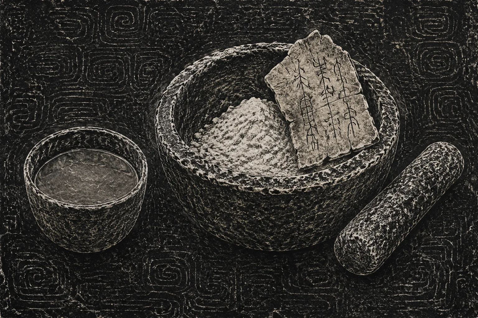 A stone mortar of pale bone powder, one unground inscribed fragment resting on its rim, and a plain cup of cloudy water beside it.