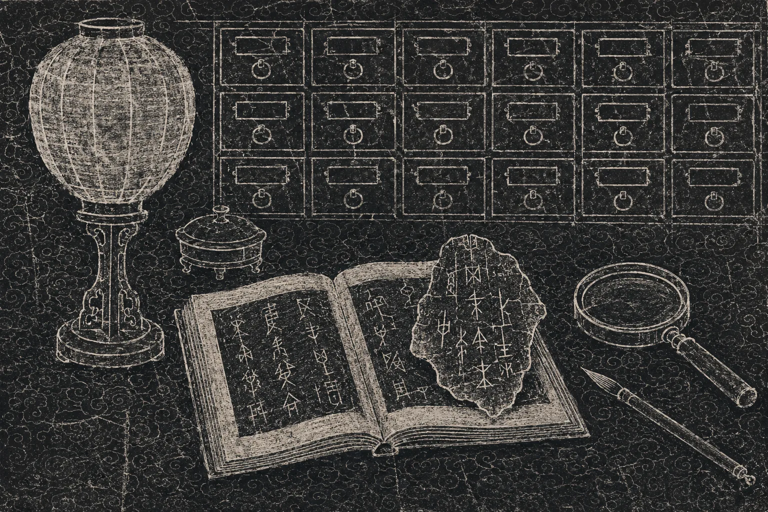 A scholar’s desk under a paper-shaded lamp. An inscribed bone fragment sits on an open book of rubbings with a magnifying lens and a brush beside it; the drawers of a medicine shop are dim behind.