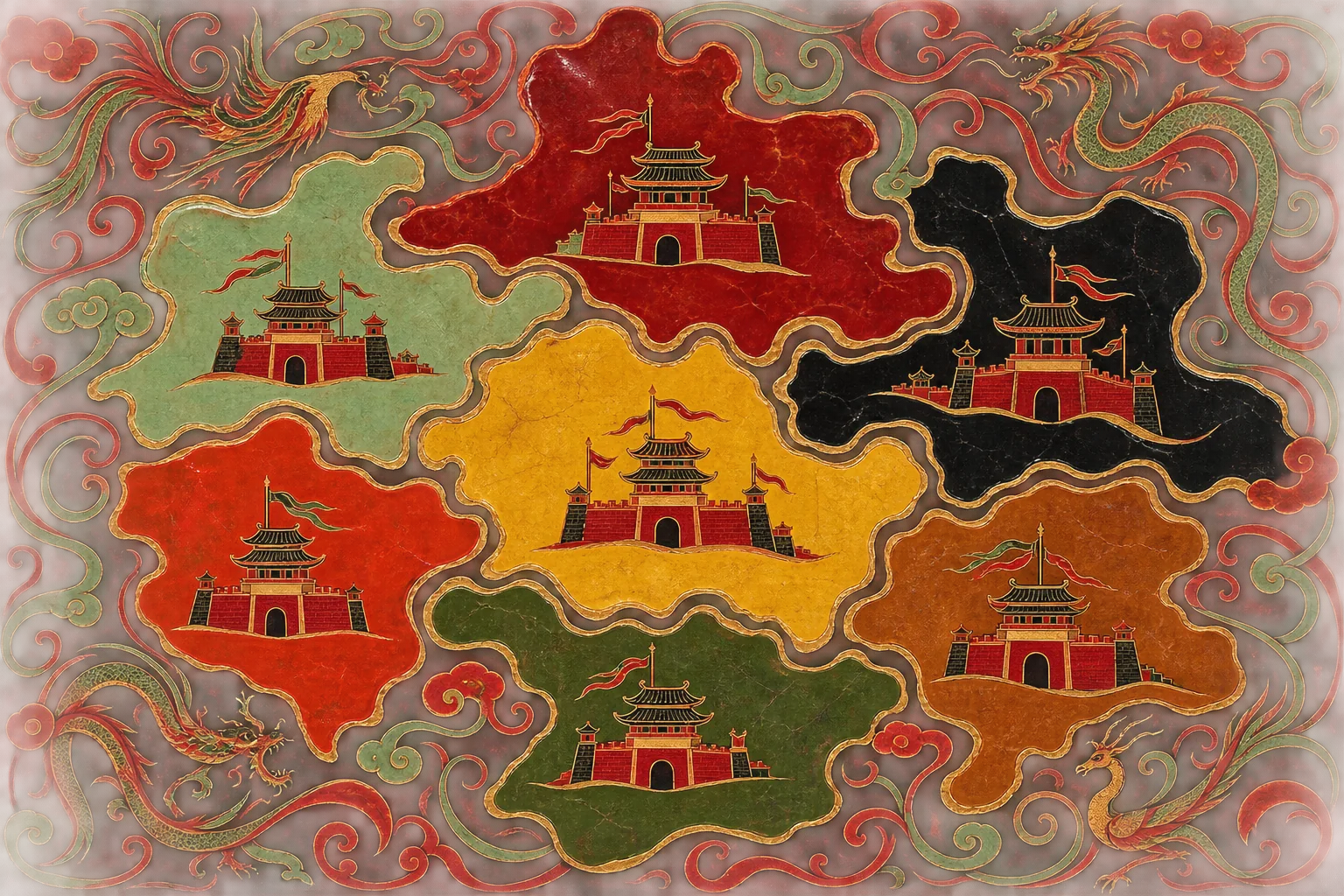 A flat decorative scheme of seven interlocking coloured territories, each holding one small walled gate-tower, with whirling cloud-and-thunder scrollwork, dragons and phoenixes filling the ground between them.