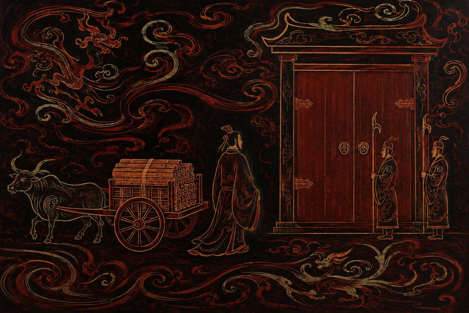 A robed scholar in flat profile standing beside a small ox cart loaded with bundled bamboo slips, in front of a tall closed timber gate held by two guards with halberds.