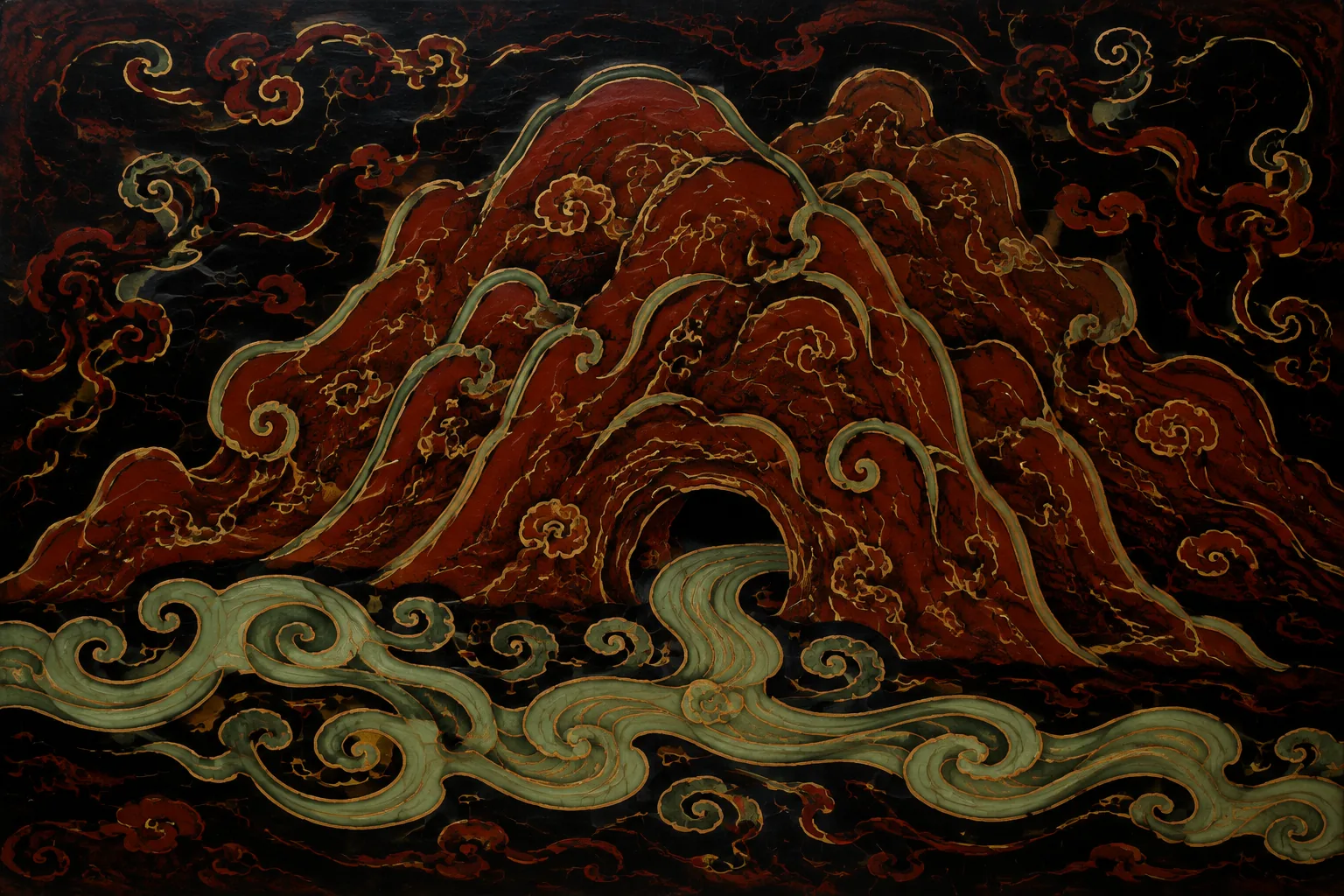A stylised oxblood mountain built from overlapping ornamental planes, with a hole worn clean through its base, and a broad ribbon of curling jade-green water passing through the opening.