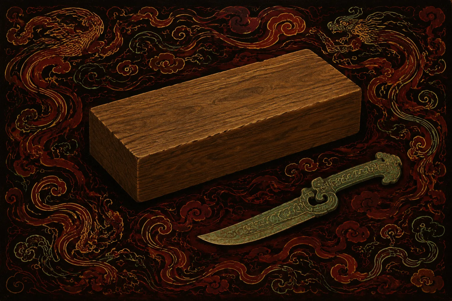 A plain unworked block of wood lying alone on a black and oxblood lacquer ground patterned with cloud scrollwork, with an ornamented bronze knife set down beside it, not touching it.