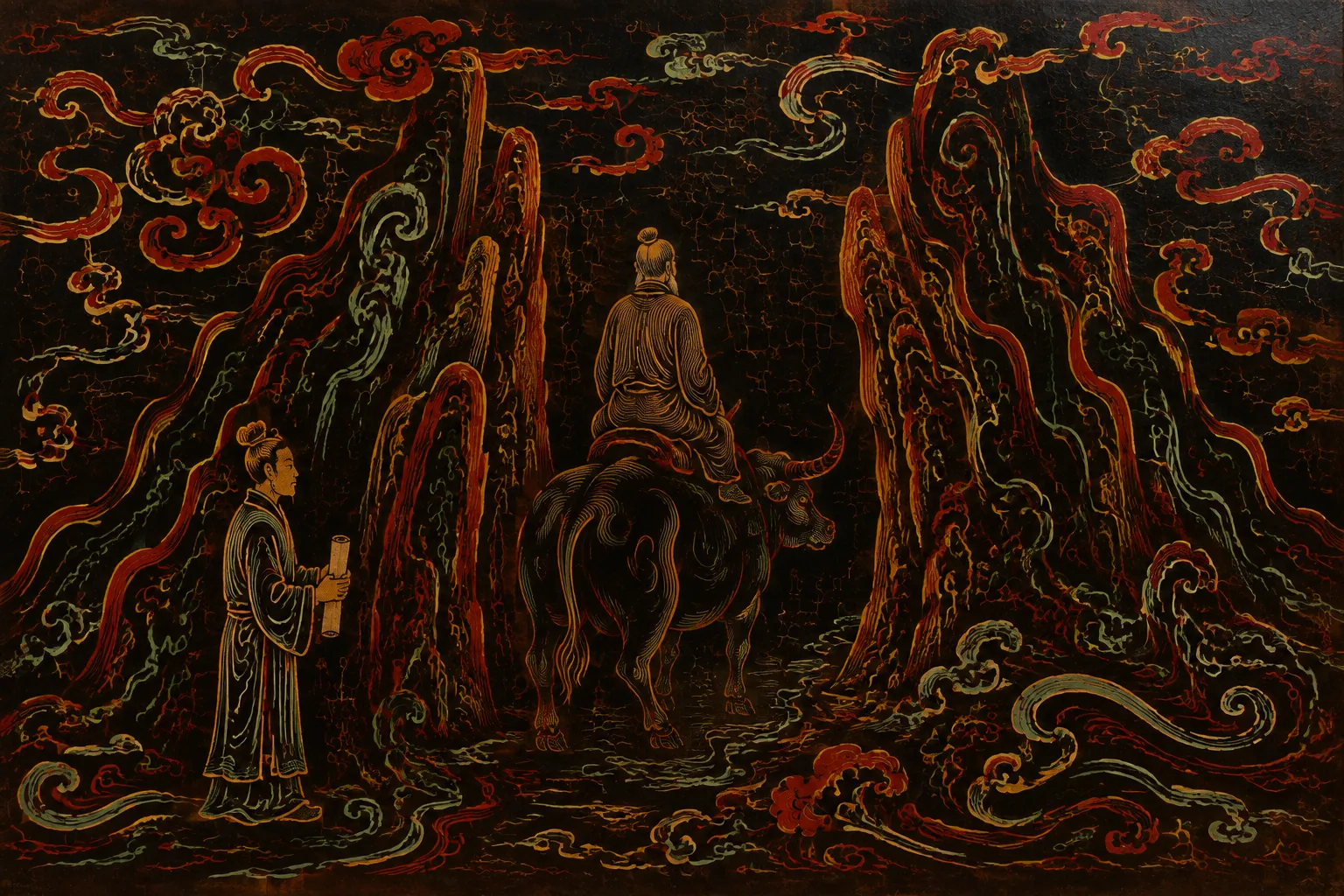 An old man seen from behind, seated on a water buffalo, moving away through a narrow gap between two stylised cliffs. A gatekeeper stands to one side in flat profile, holding a rolled blank scroll in both hands.