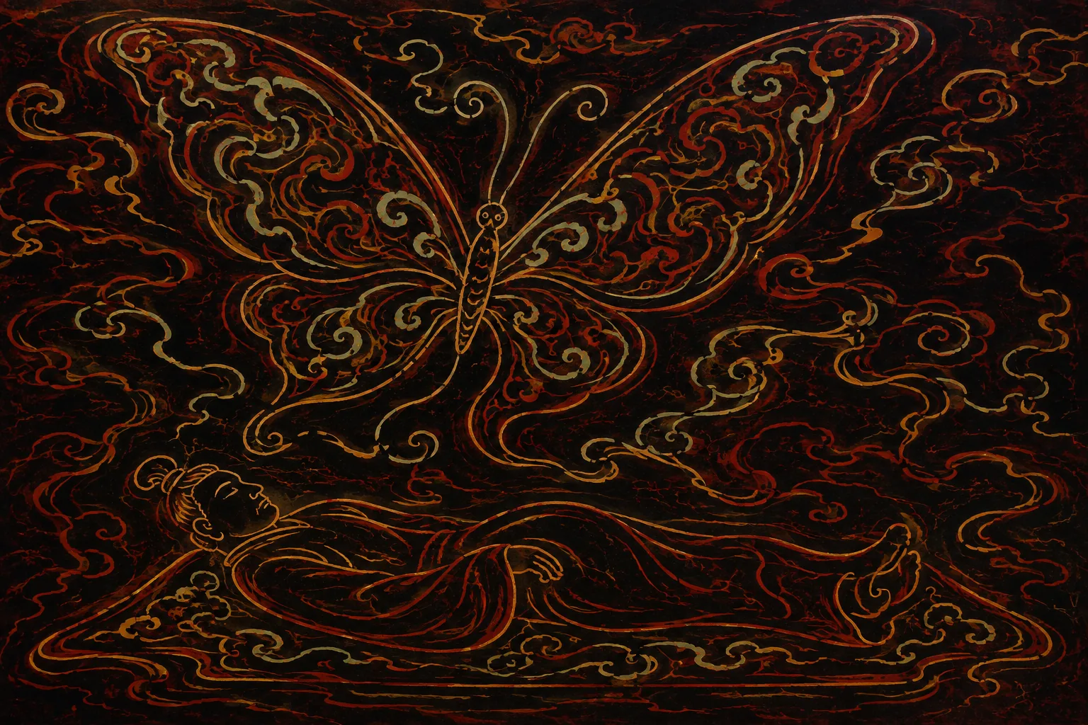 A man asleep on a low mat in flat profile, and above him a single large butterfly whose wings are patterned with the same cloud scrollwork as the ground, both drawn from one continuous line.
