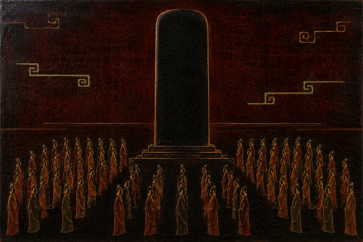 A tall blank black stele on a stepped base, with dozens of small identical robed figures standing before it in strict rows, every one in profile facing the stone and none facing each other.