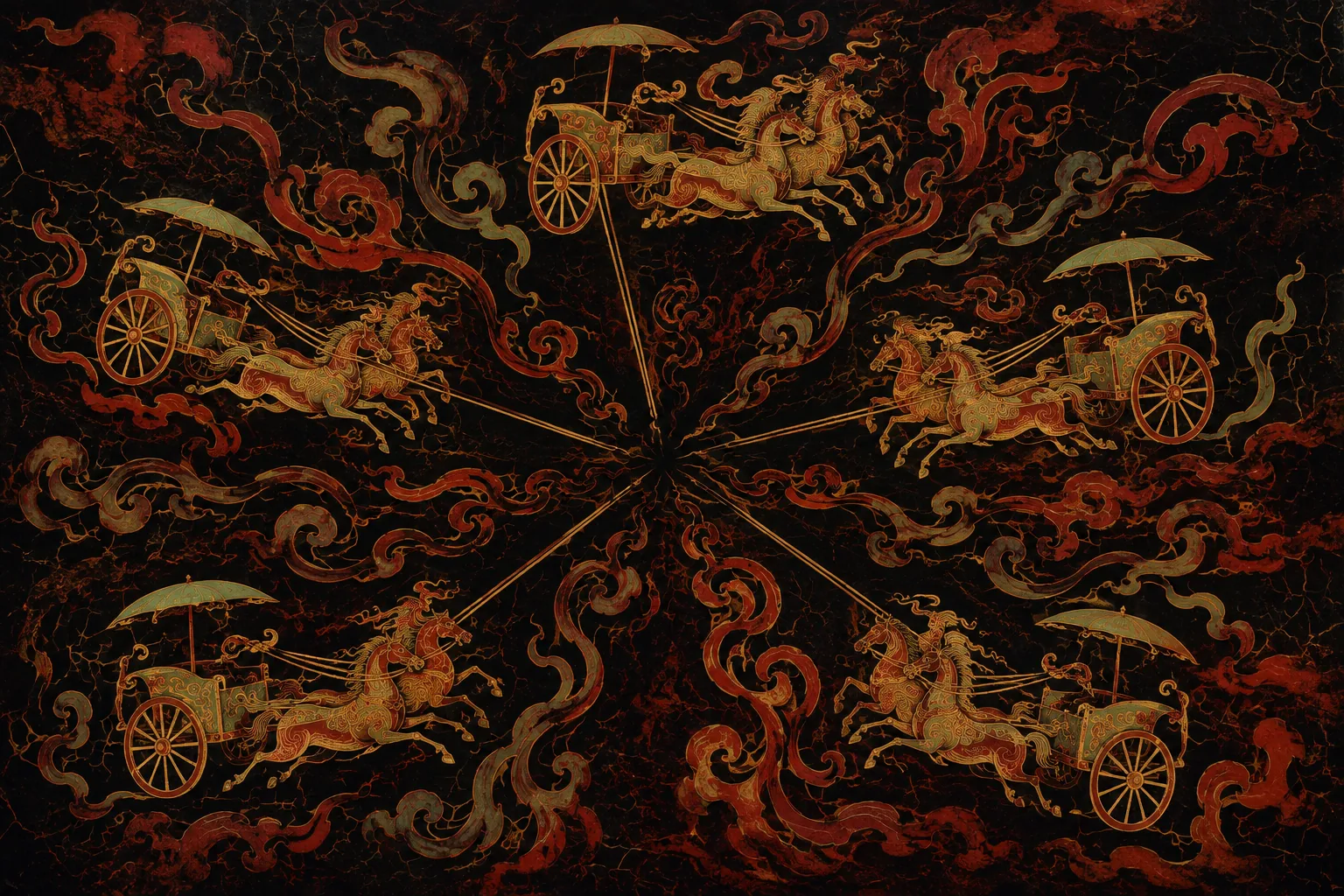 Five ornamented chariots with straining horses arranged radiating outward from a single point, their traces taut toward the centre. The centre of the image is empty.