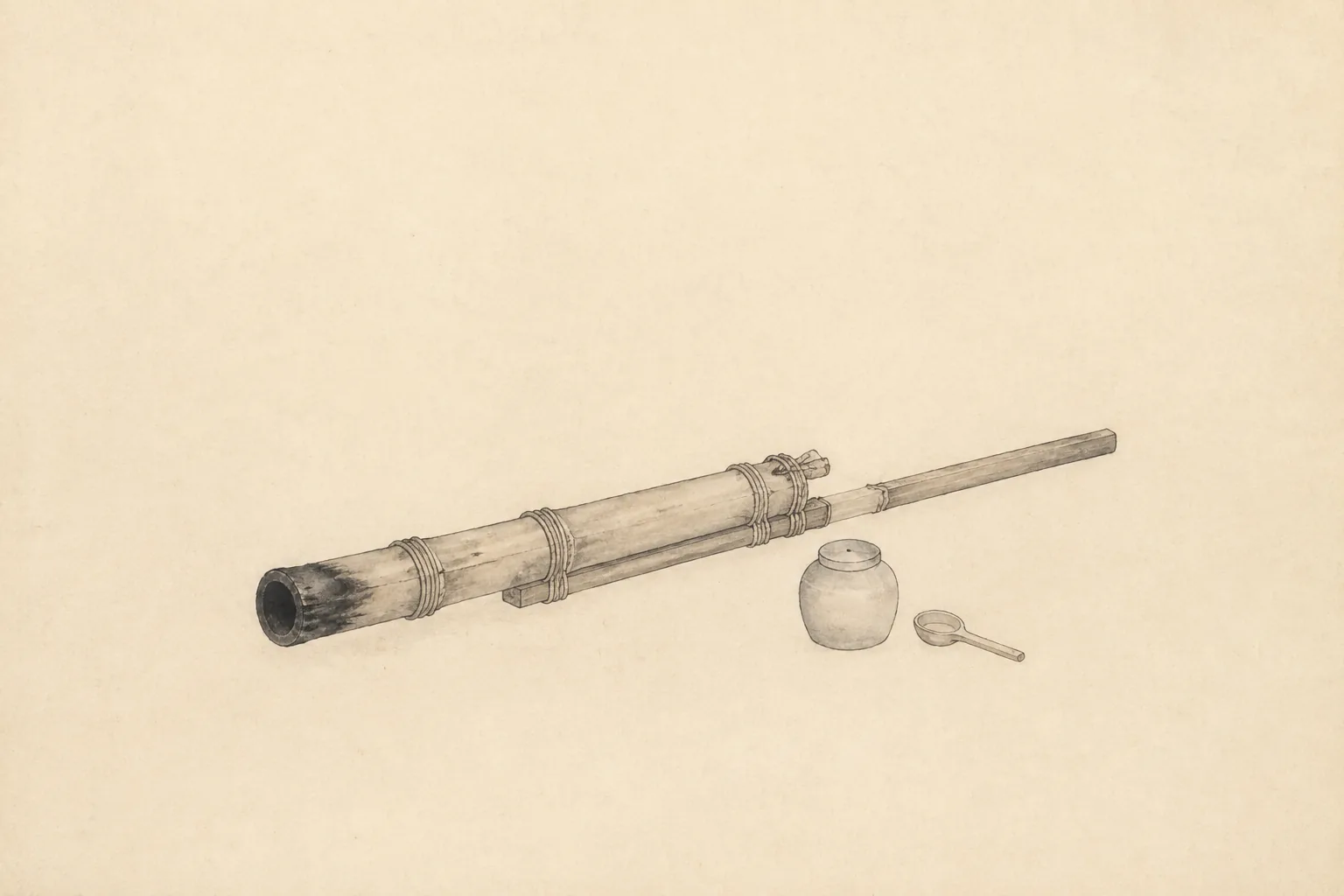 An ink study of a single weapon laid on plain ground: a long bamboo tube bound with cord and lashed to a wooden shaft, its open muzzle scorched black, with a small sealed pot and a scoop beside it. Enormous areas of empty paper around them.