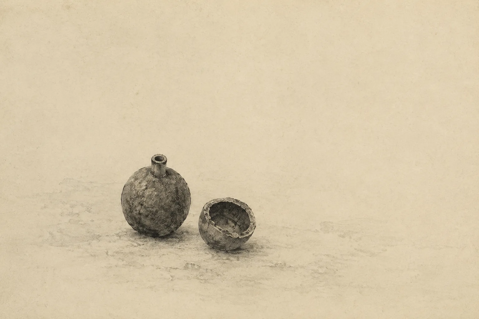An ink study of a thick-walled spherical cast-iron bomb casing with a short fuse tube at the top, resting on a plain surface, with a second casing broken open beside it to show the wall thickness. Nothing else in the frame.
