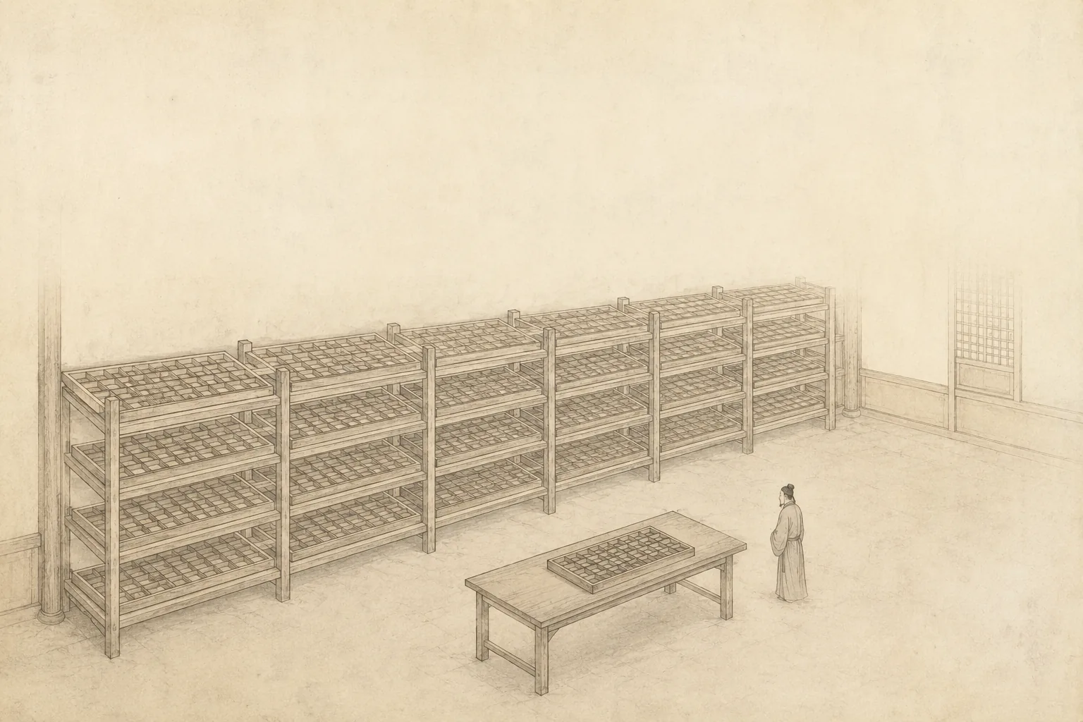 An interior in ruled-line projection: rank after rank of shallow wooden trays in tall racks receding in strict parallel lines, each tray divided into hundreds of tiny compartments holding small clay blocks with blank faces. One tray is out on a table, with a single tiny figure for scale.