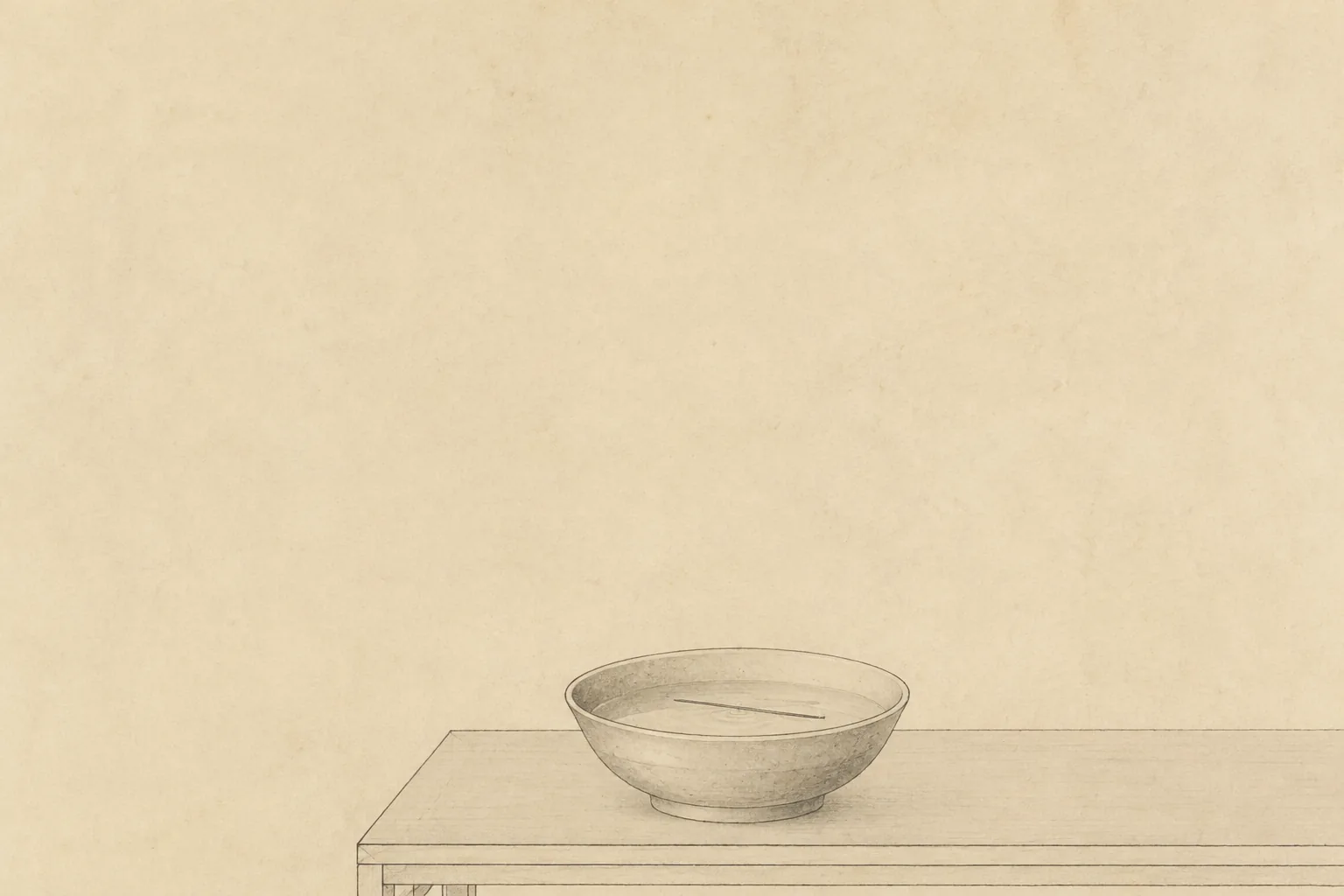 A close ink study of a shallow water bowl on a plain table with a slender iron needle floating on the surface tension and the faintest ripple around it. Almost the entire frame is empty paper.
