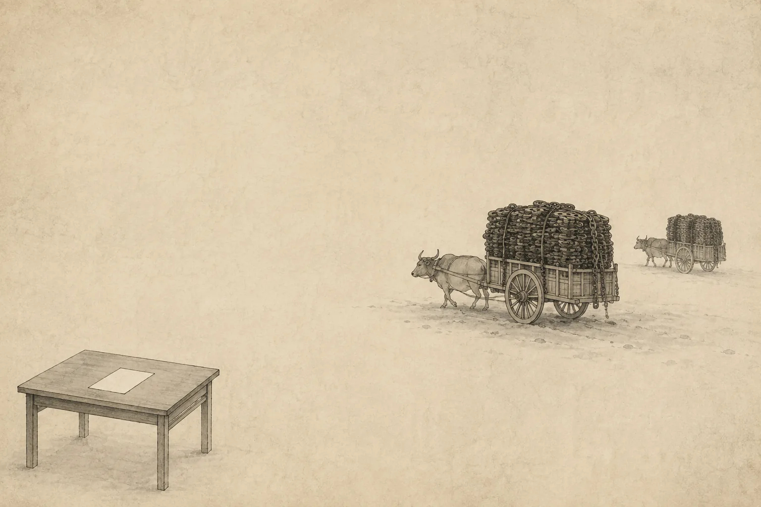 On the left, one small rectangle of blank printed paper lying on a table. Far behind it on the right, an ox cart loaded with heavy strings of iron coins and a second cart behind that. Empty paper between the two halves.