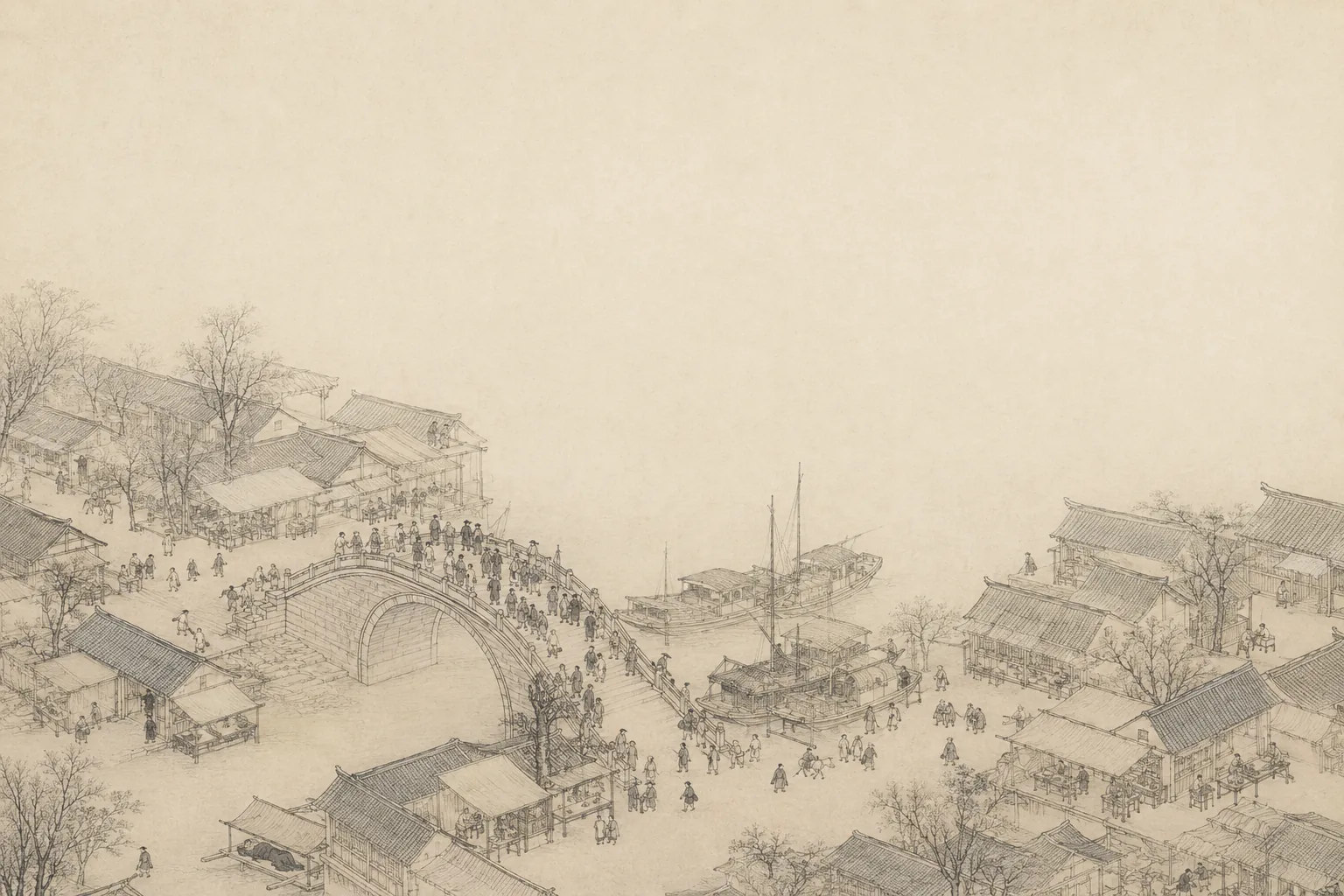 A river city seen from above in ruled-line projection: a bridge crowded with tiny precisely observed figures, moored cargo boats, awnings over food stalls, a man asleep in the shade beneath one. The upper third of the frame is left as empty mist.