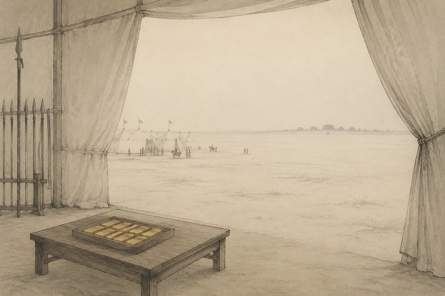 A tray of twelve small identical gold tablets set on a low table in an otherwise bare tent interior. Through the open tent flap, an army camp and, far off in pale mist, the roofline of a walled city, very small and very distant.